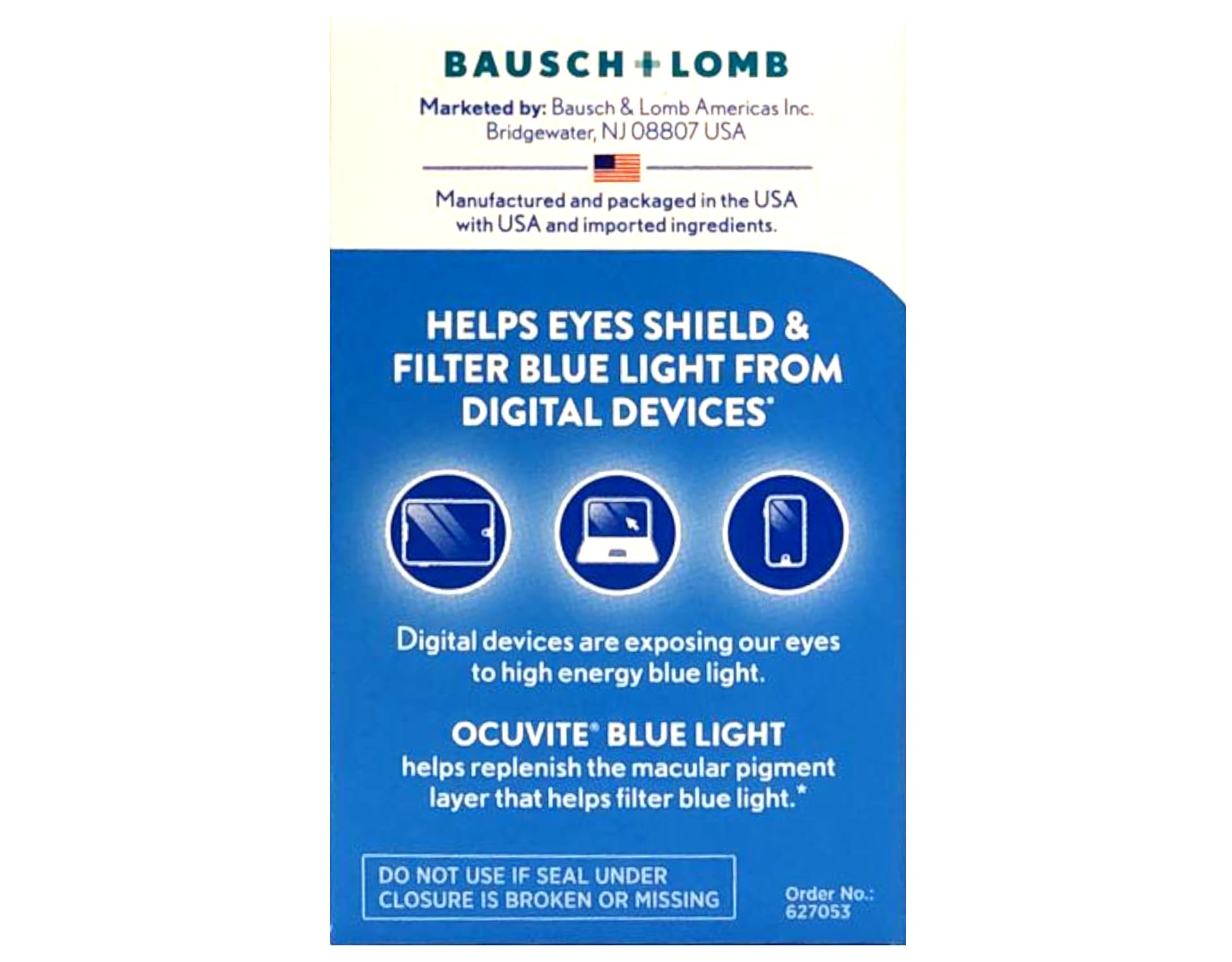 Bausch + Lomb ocuvite envase abierto con cápsulas visibles, dosis diaria clara