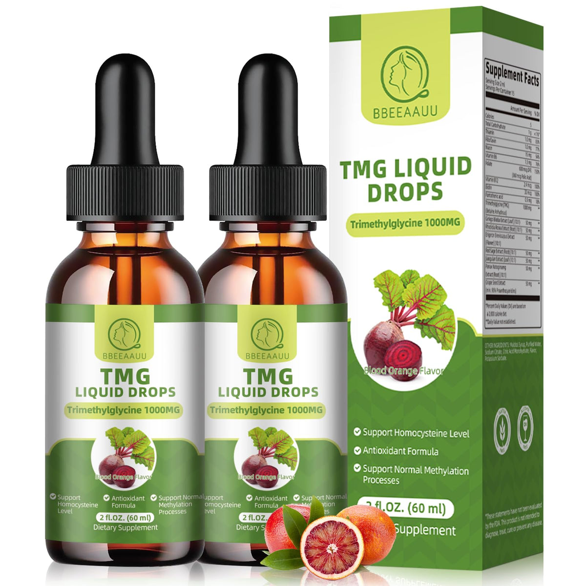 BBEEAAUU frasco frontal del TMG 1000 mg mostrando la etiqueta y beneficios