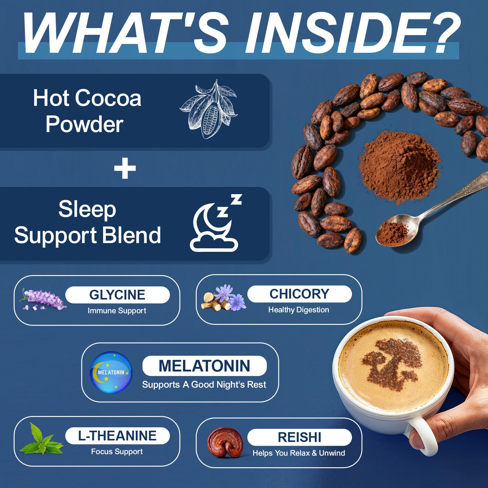 Bcuelov primer plano de reishi y cacao, apoyan calma mental