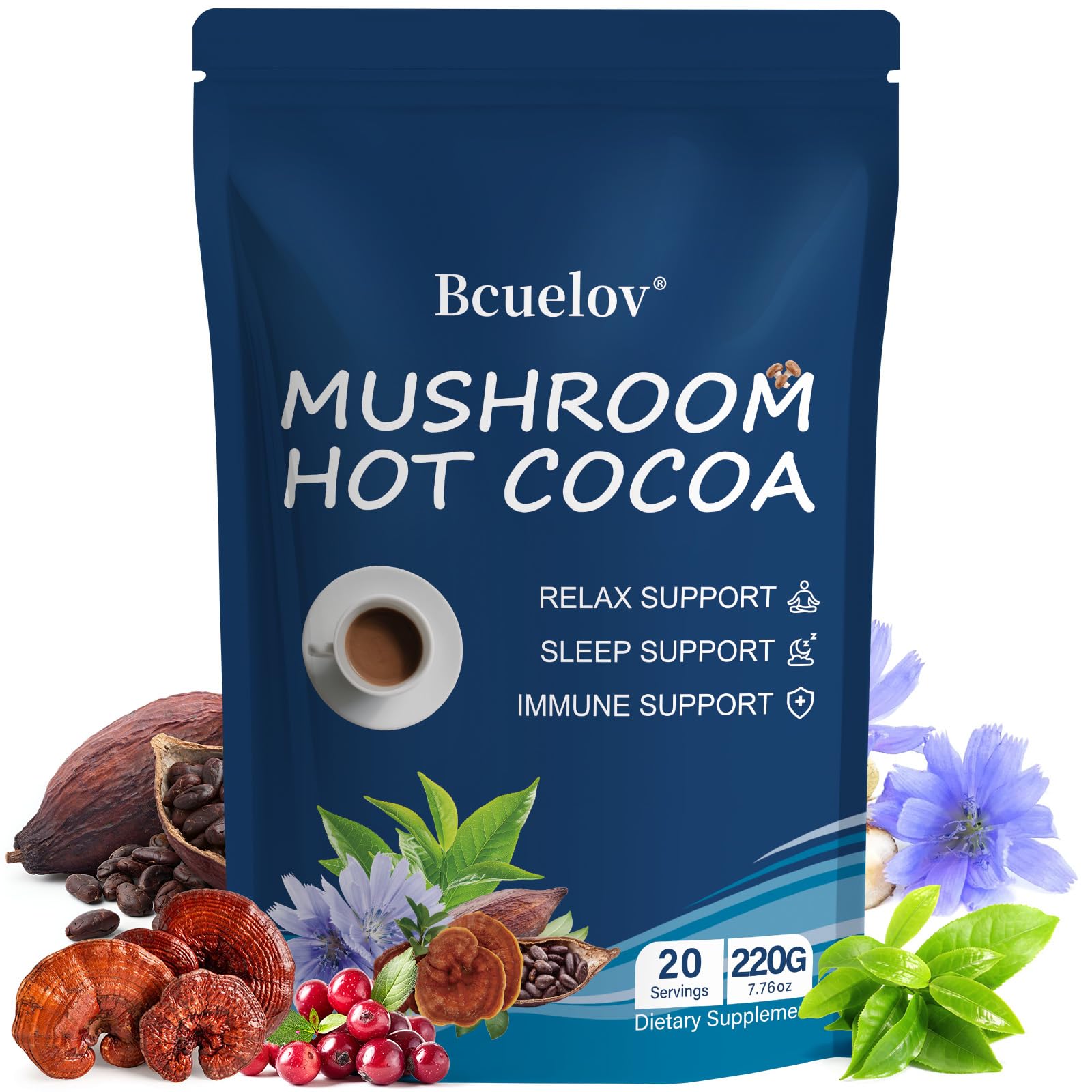 Bcuelov envase frontal mostrando ingredientes y porciones para sueño