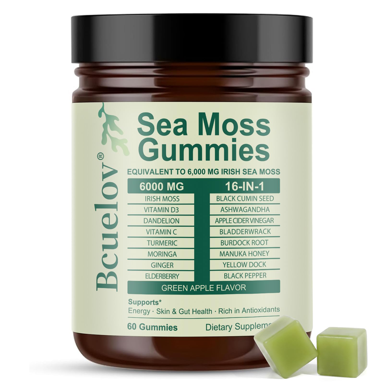 Bcuelov gominolas sea moss vista frontal con frasco atractivo