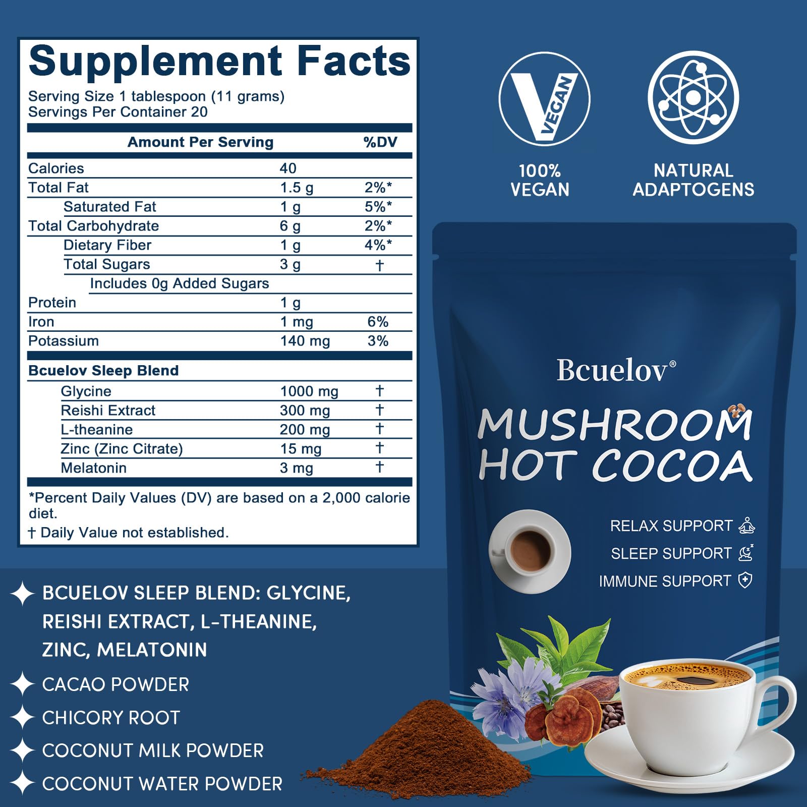 Bcuelov polvo de cacao con textura cremosa para mezcla nocturna