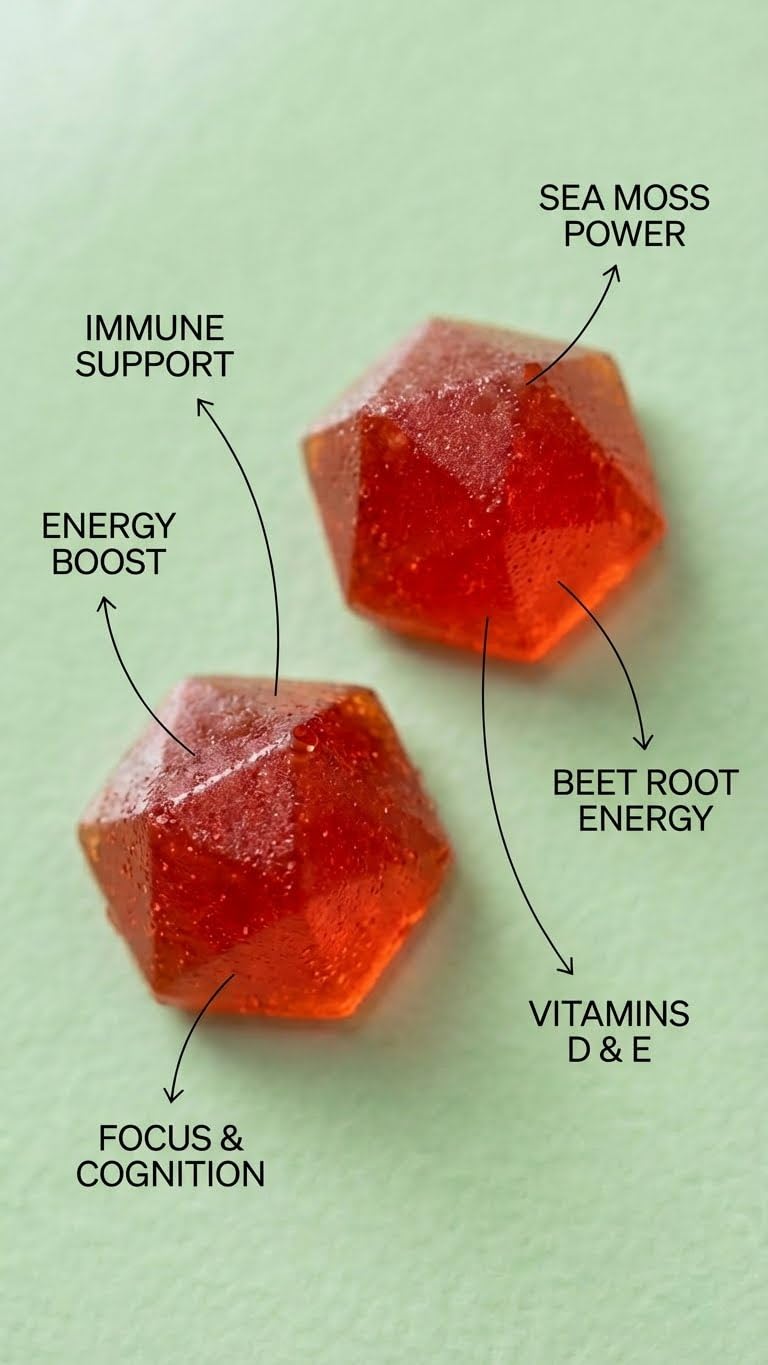 BDE gomitas en cocina junto a frutas, estilo de vida saludable práctico