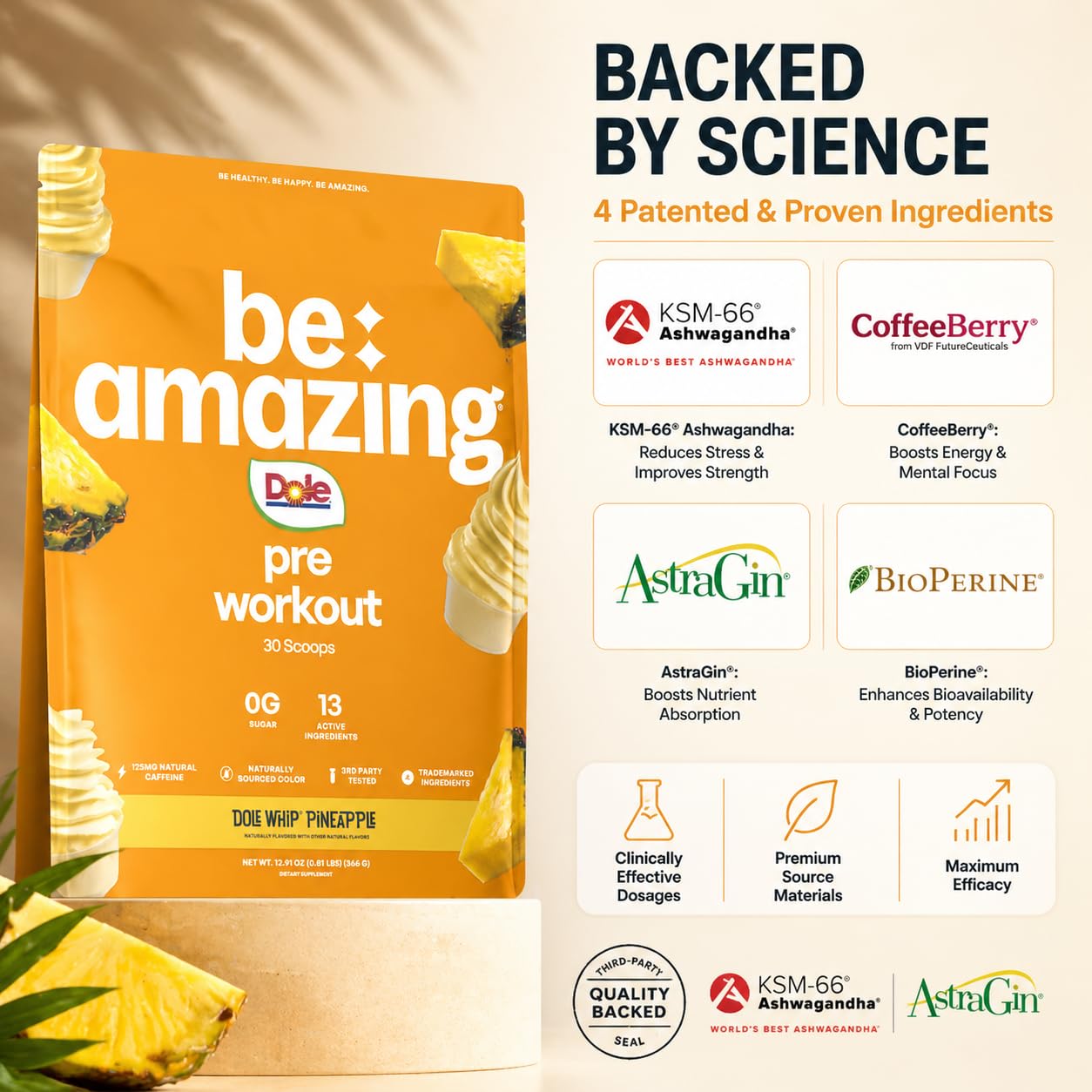 BE AMAZING porciones servidas y comparadas, opciones con y sin cafeína