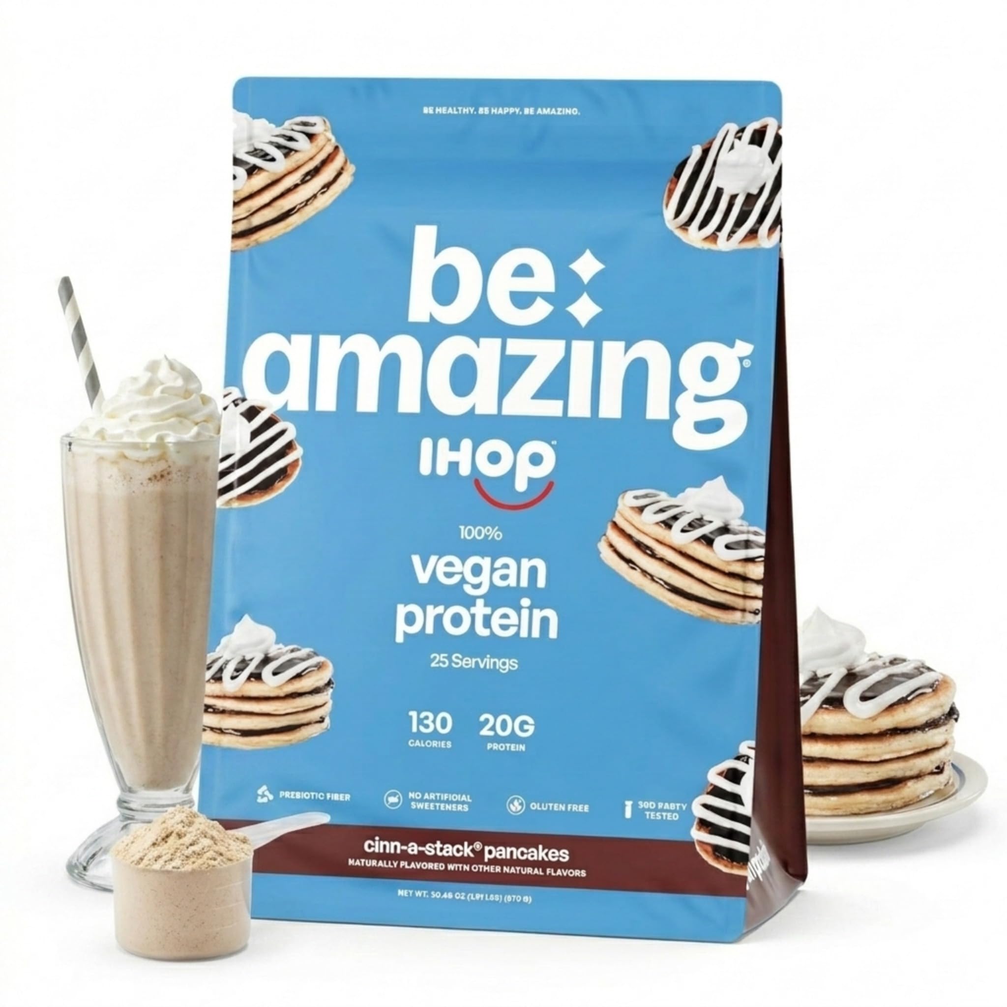 BE AMAZING embalaje frontal sabor Cinn-A-Stack mostrando información clave
