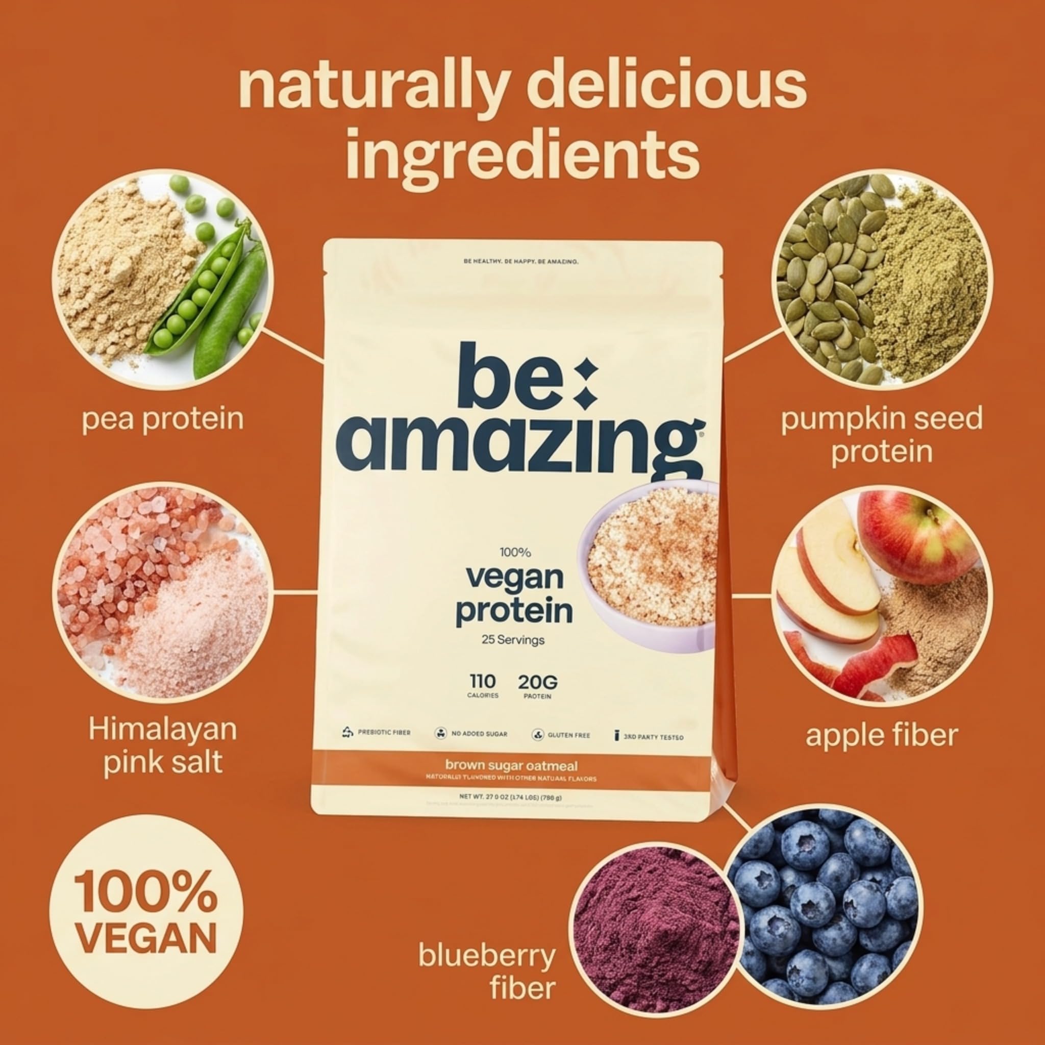 BE AMAZING etiqueta con ingredientes limpios y certificaciones visibles