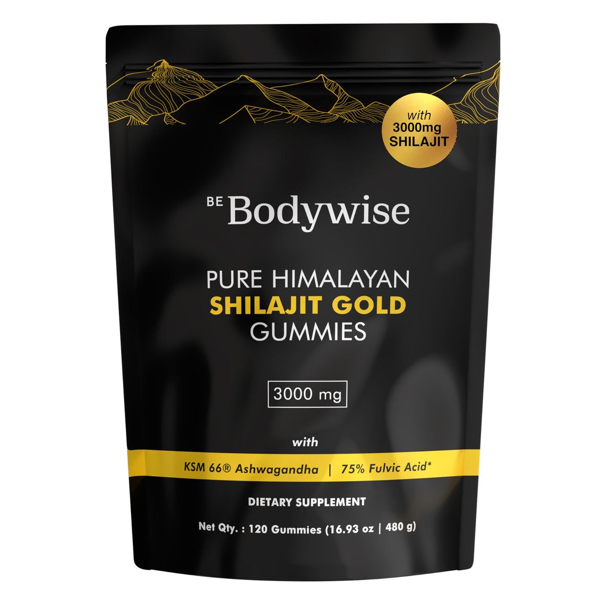 Be Bodywise empaque frontal del pouch que muestra gominolas shilajit y beneficios