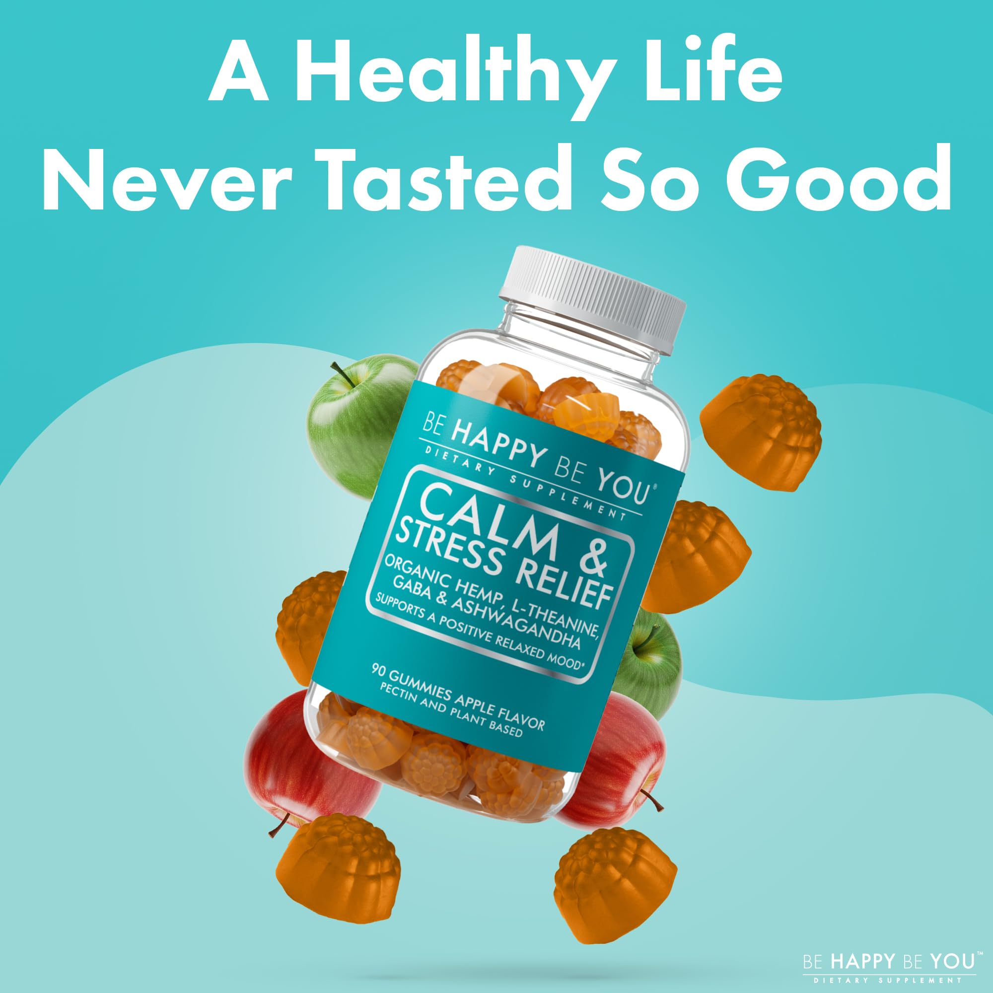 Be Happy Be You botella abierta con gominolas desplegadas invitando al consumo