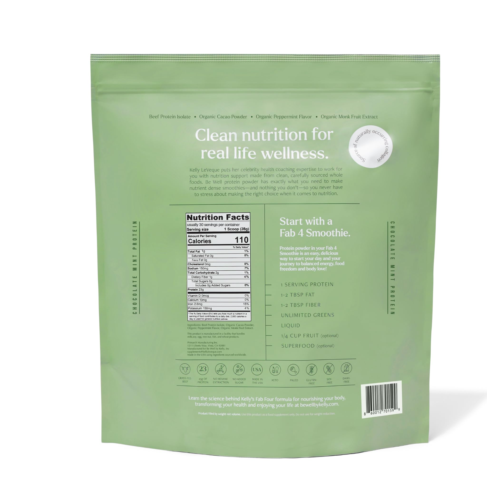 Be Well by Kelly primer plano del polvo, textura fina y mezcla homogénea para recetas
