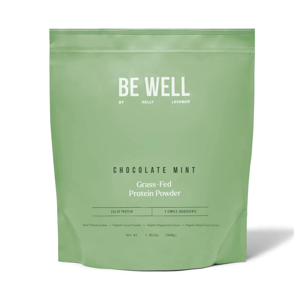 Be Well by Kelly vaso preparado con batido menta chocolate, opción nutritiva y baja en carbohidratos