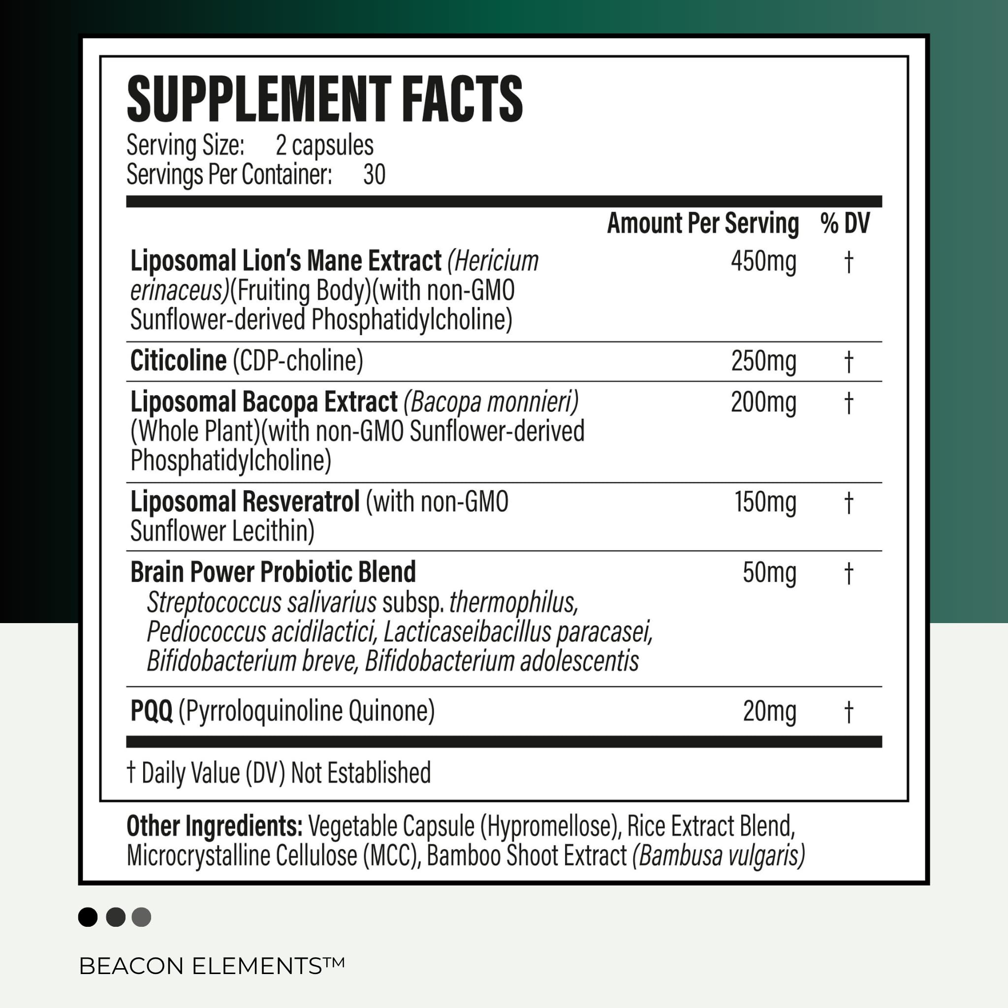BEACON ELEMENTS etiqueta detallada con lista de ingredientes clave y claridad informativa