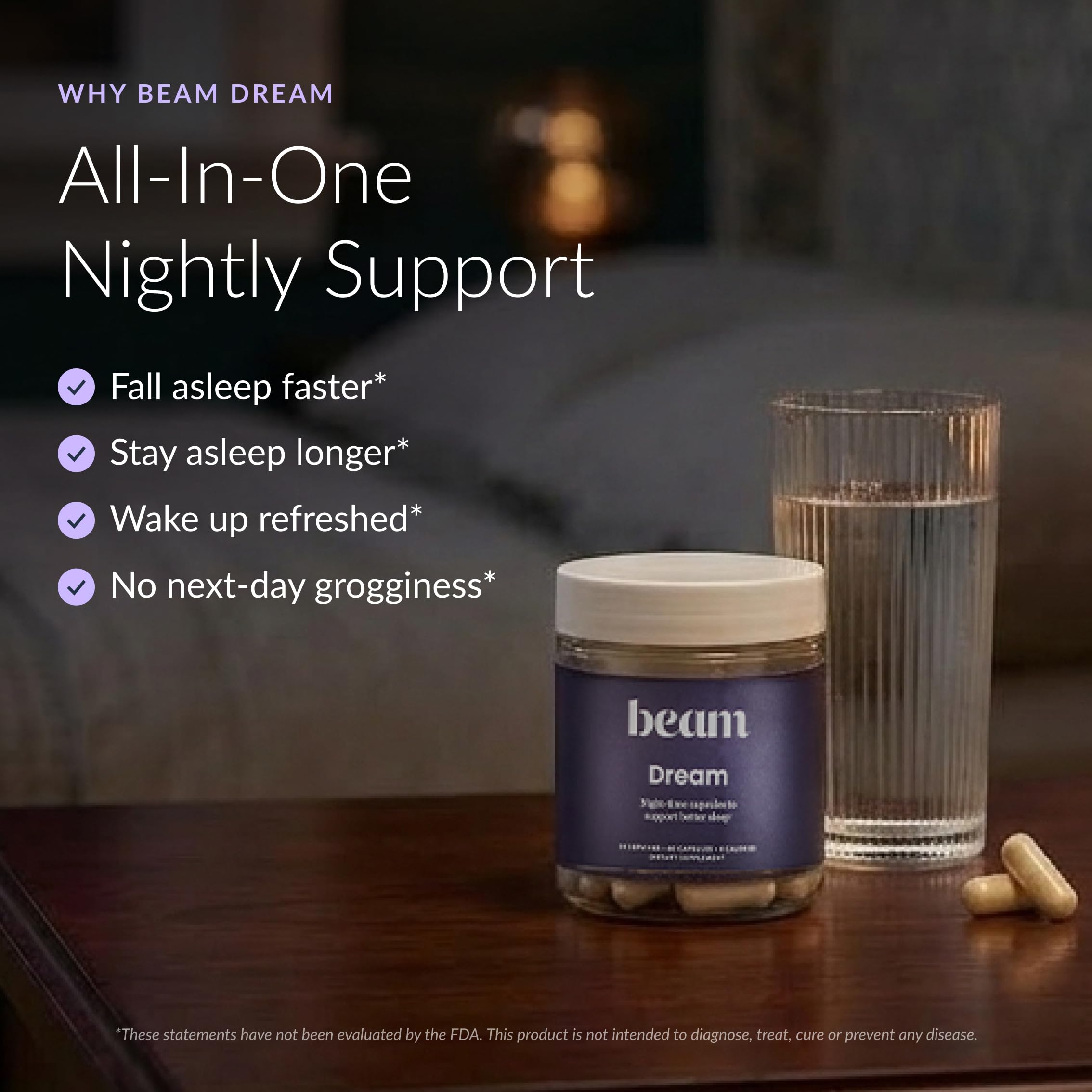 BEAM botella abierta con cápsulas listas para uso nocturno