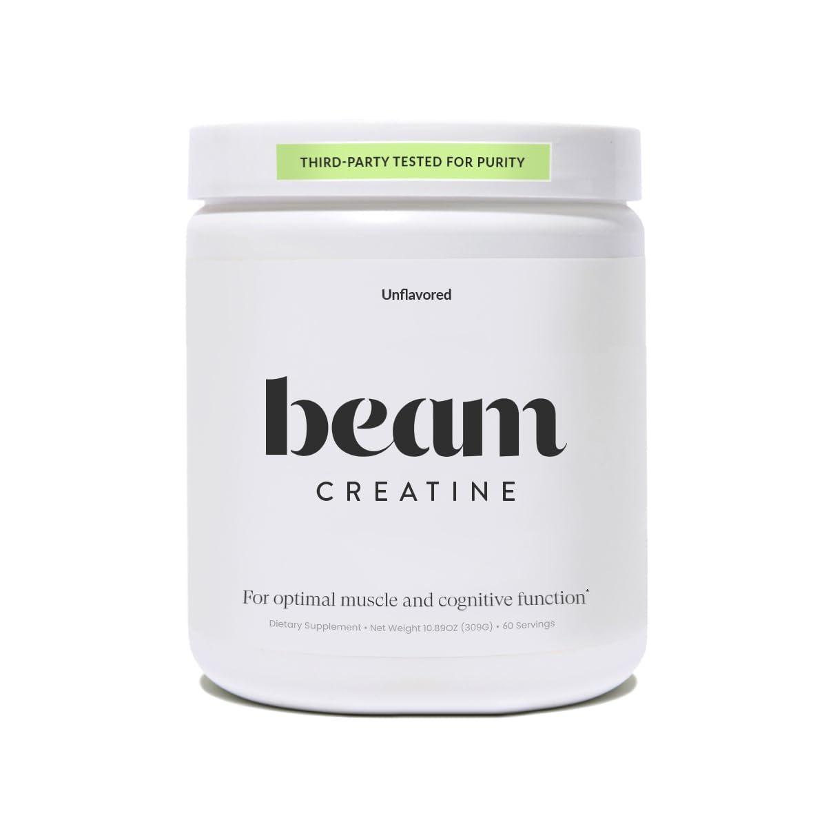 Envase BEAM creatina monohidratada 60 servicios mostrando diseño y tamaño