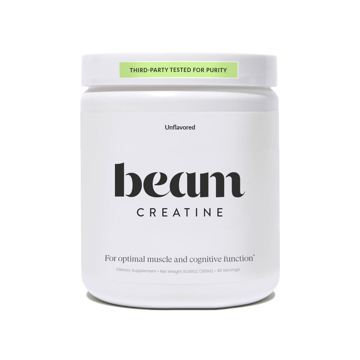 Envase BEAM creatina monohidratada 60 servicios mostrando diseño y tamaño