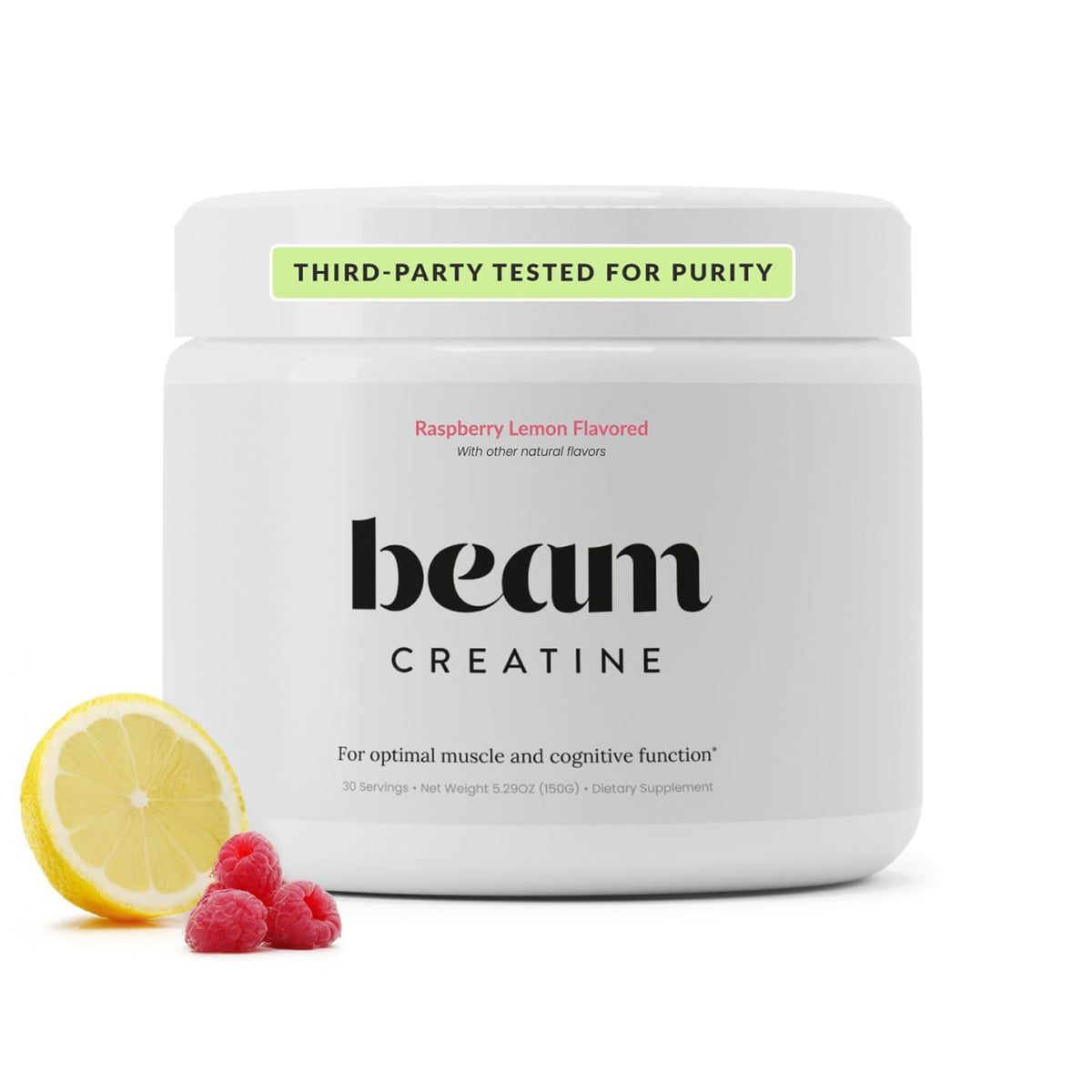 BEAM envase frontal mostrando creatina frambuesa limón y beneficio de fuerza