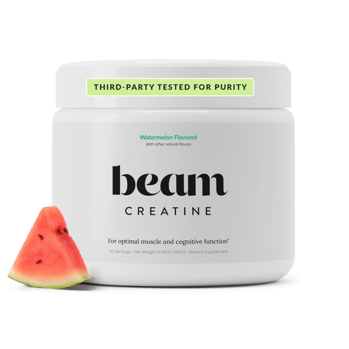 BEAM bote frontal que muestra 30 servicios y sabor sandía, confianza y pureza
