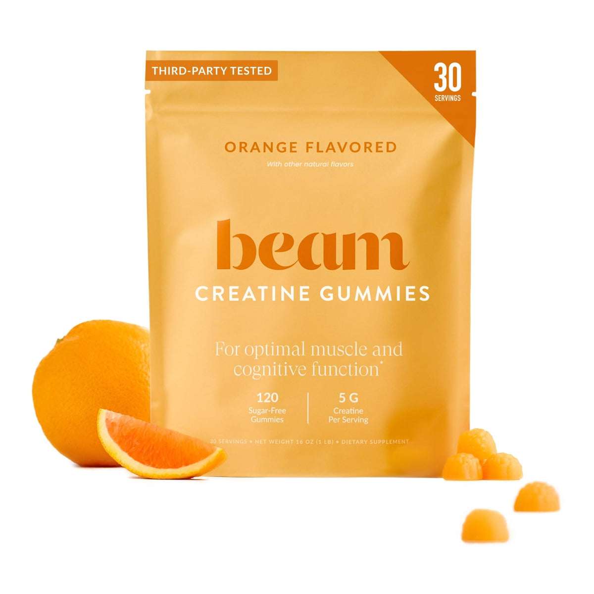 Envase BEAM Creatine Gummies al frente con diseño claro y conveniente
