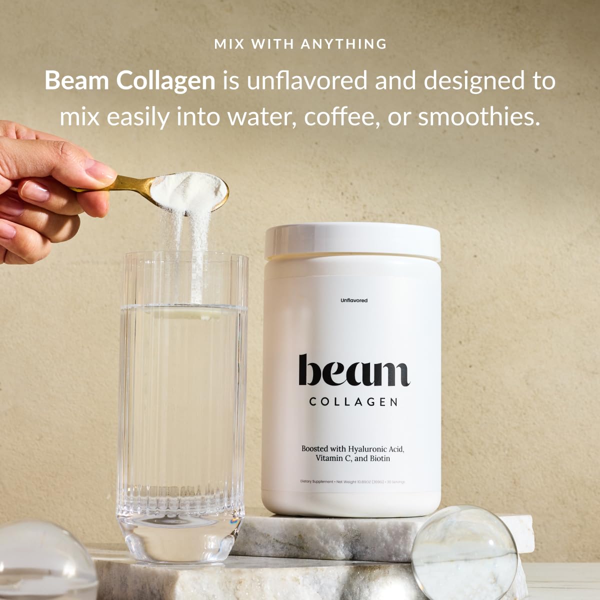 BEAM polvo disuelto en café caliente, beneficio integración diaria fácil