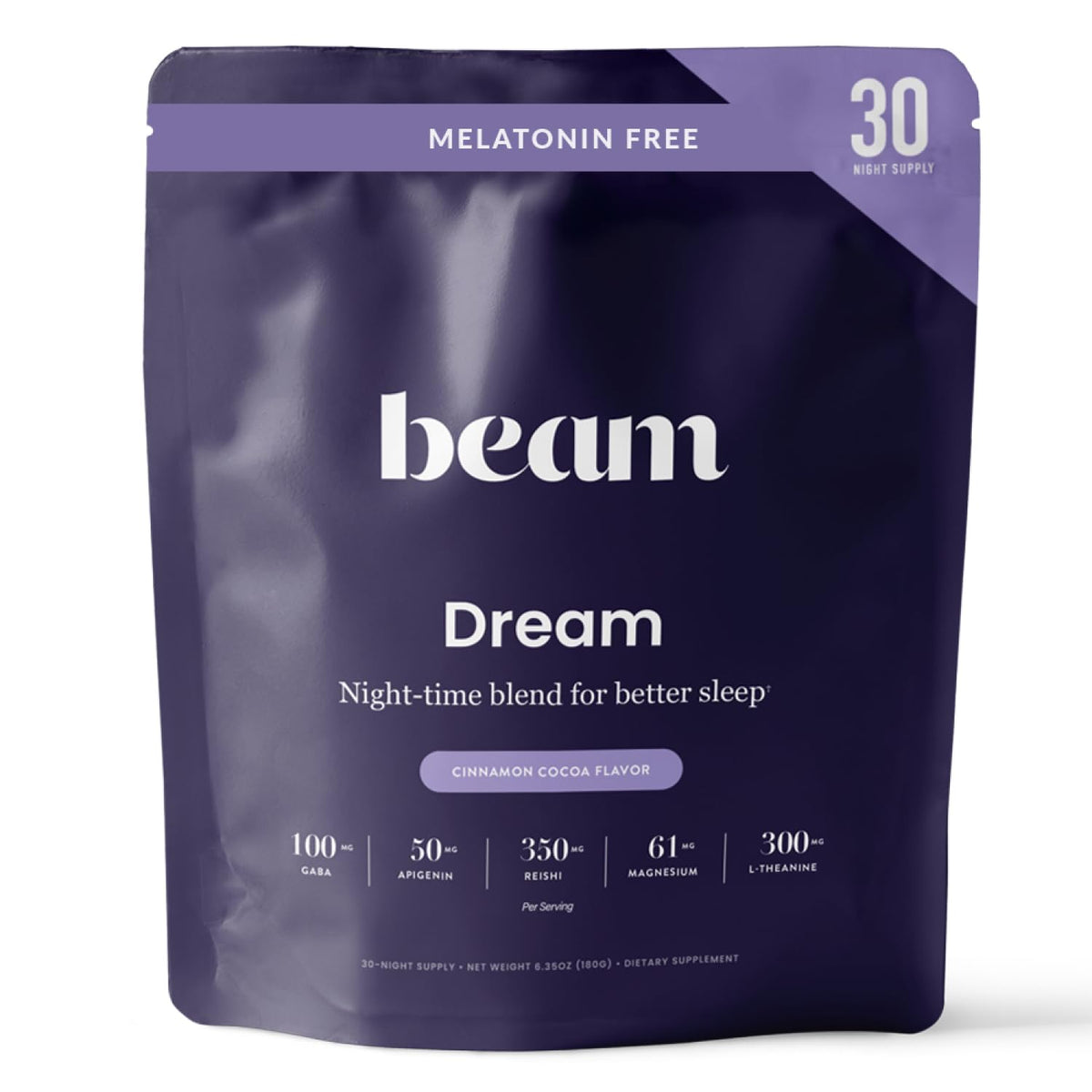 BEAM envase frontal del polvo Dream que muestra la marca y sabor reconfortante