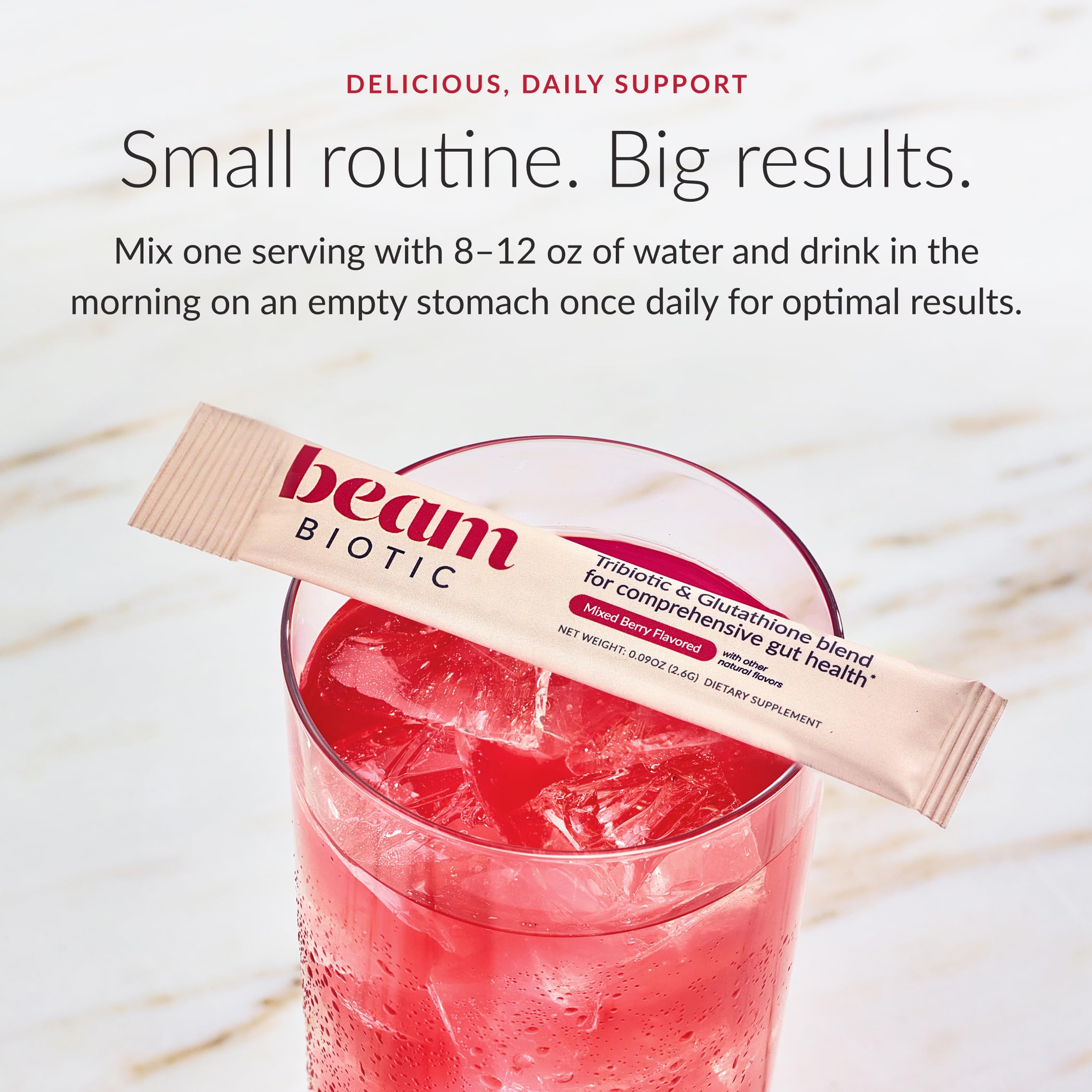 BEAM etiqueta de ingredientes mostrando prebióticos, probióticos y glutatión claros