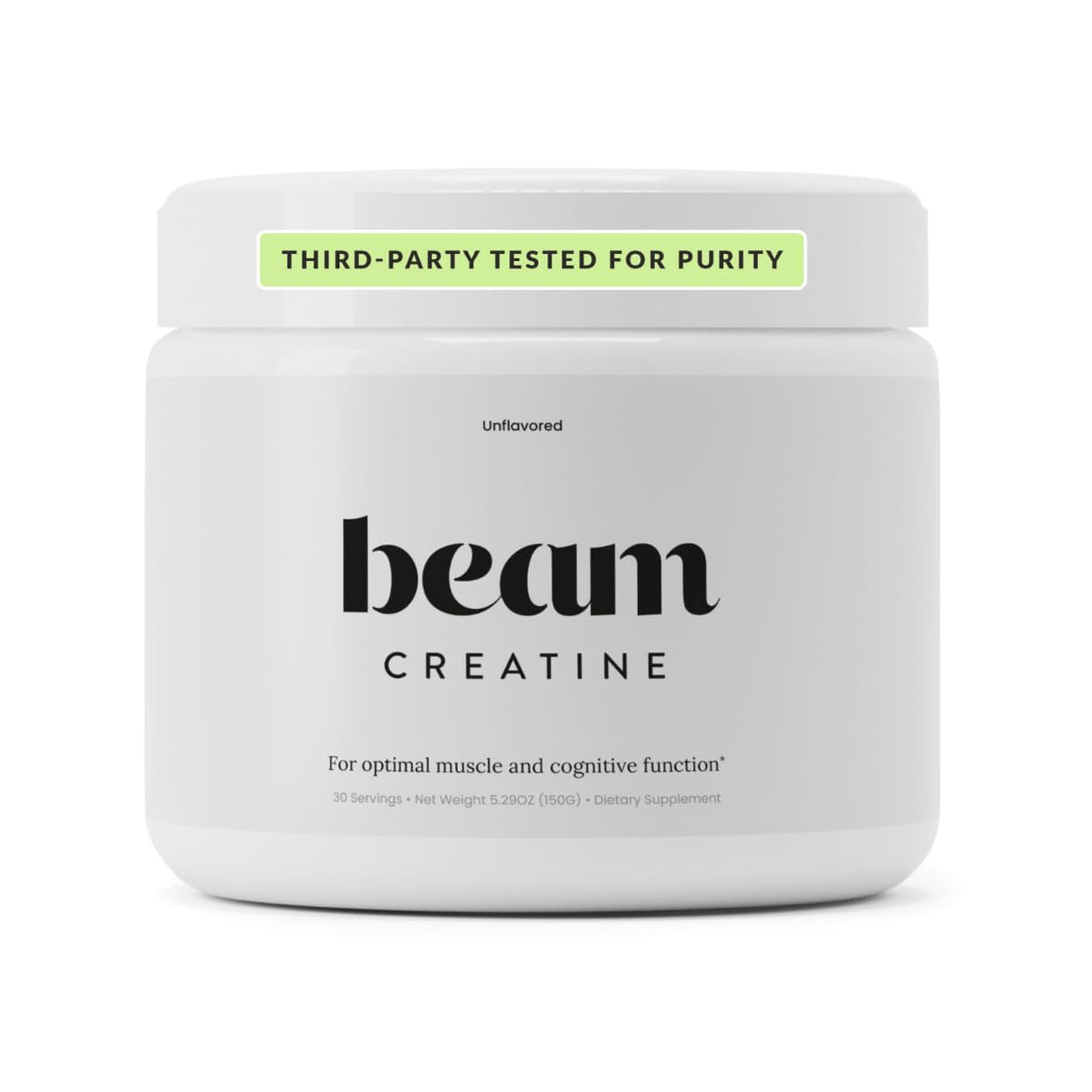 BEAM frasco frontal mostrando diseño limpio y dosis clara