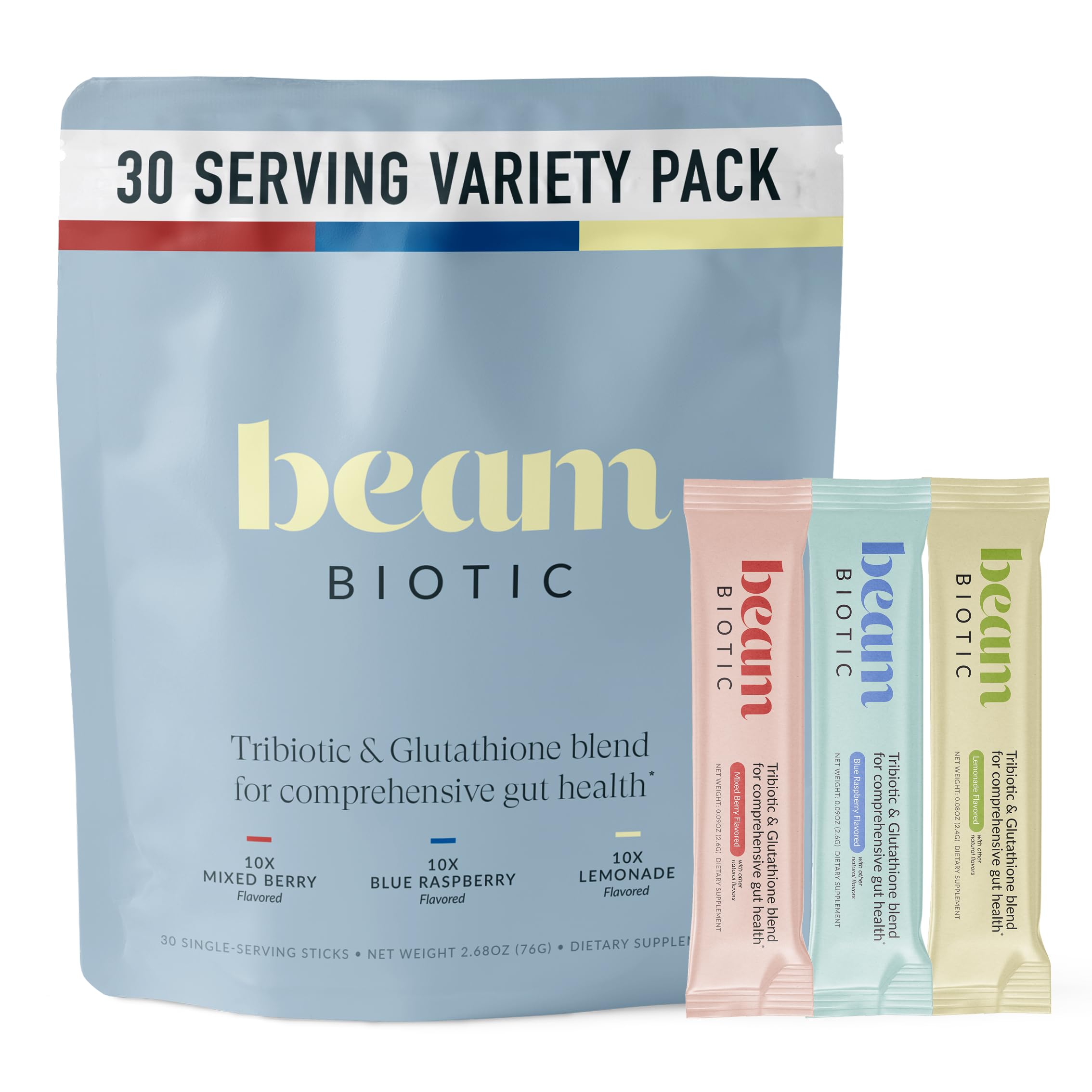BEAM frente del empaque mostrando pack variedad y beneficios digestivos