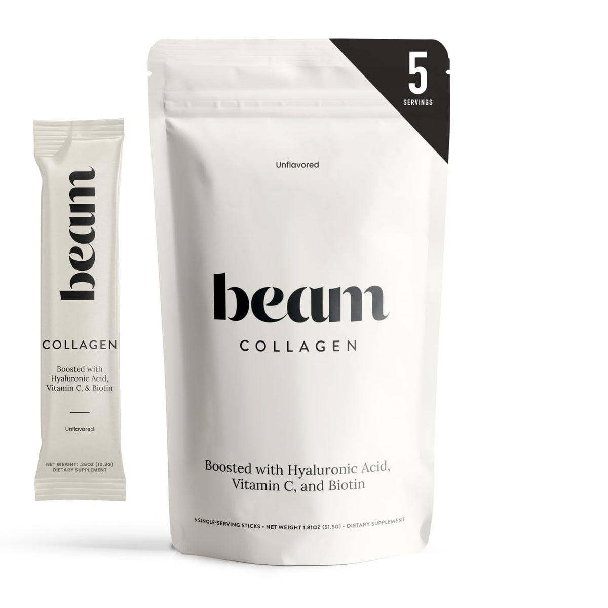 BEAM frente del envase mostrando diseño y porciones, beneficio confianza