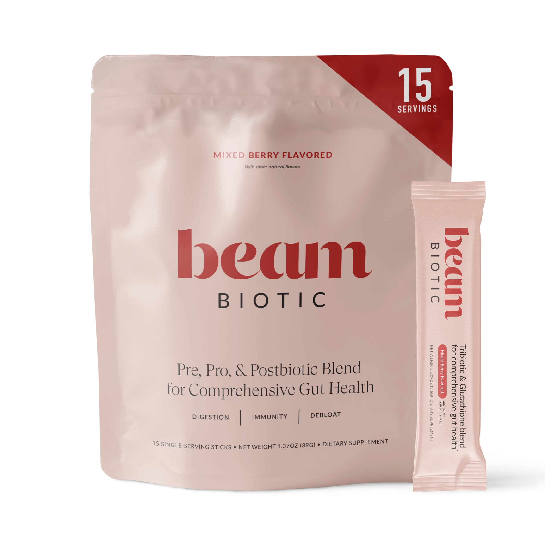 BEAM frente del envase mostrando diseño y sabor mixed berry, fácil identificación