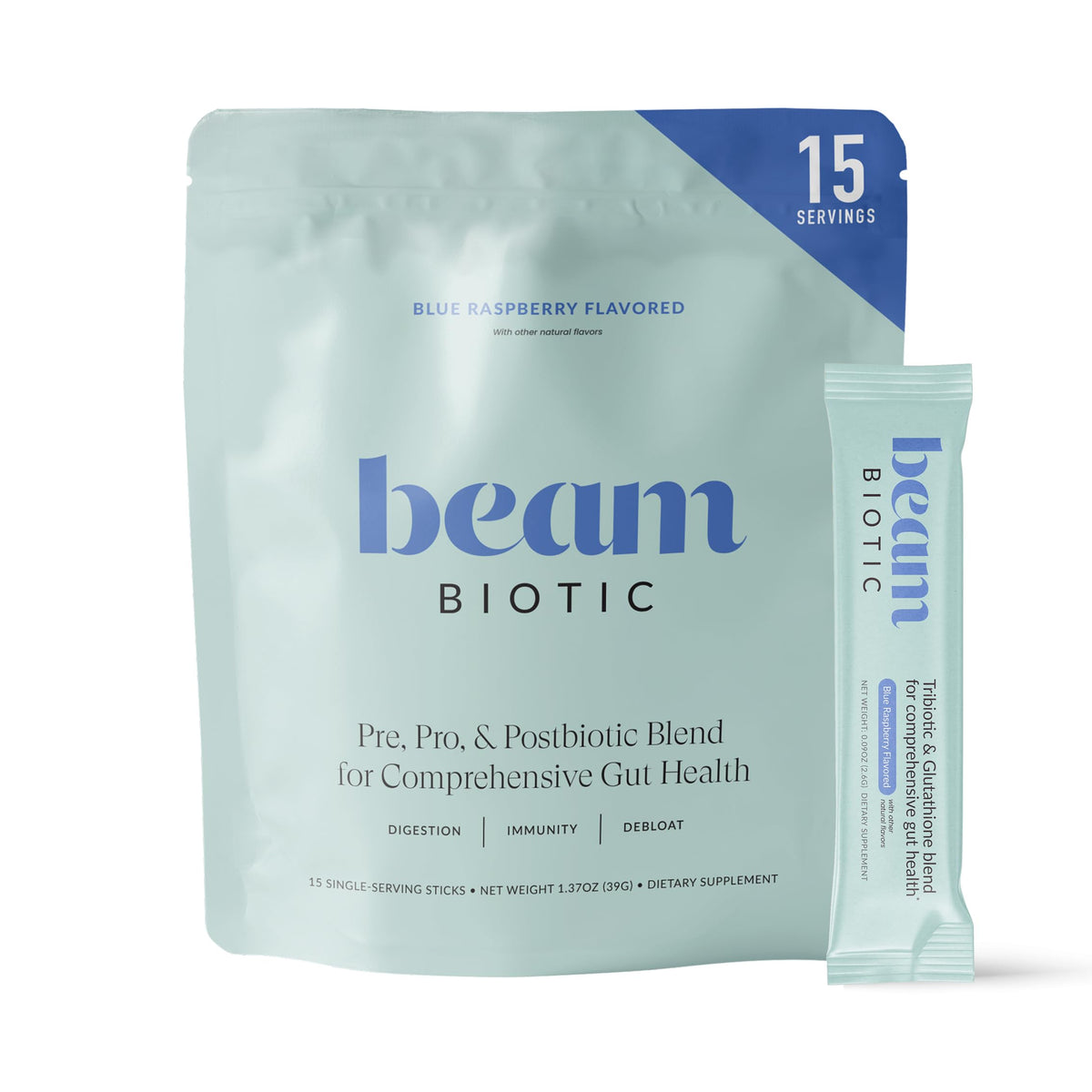 BEAM vista frontal del envase mostrando marca y 15 servicios, facilita decisión de compra