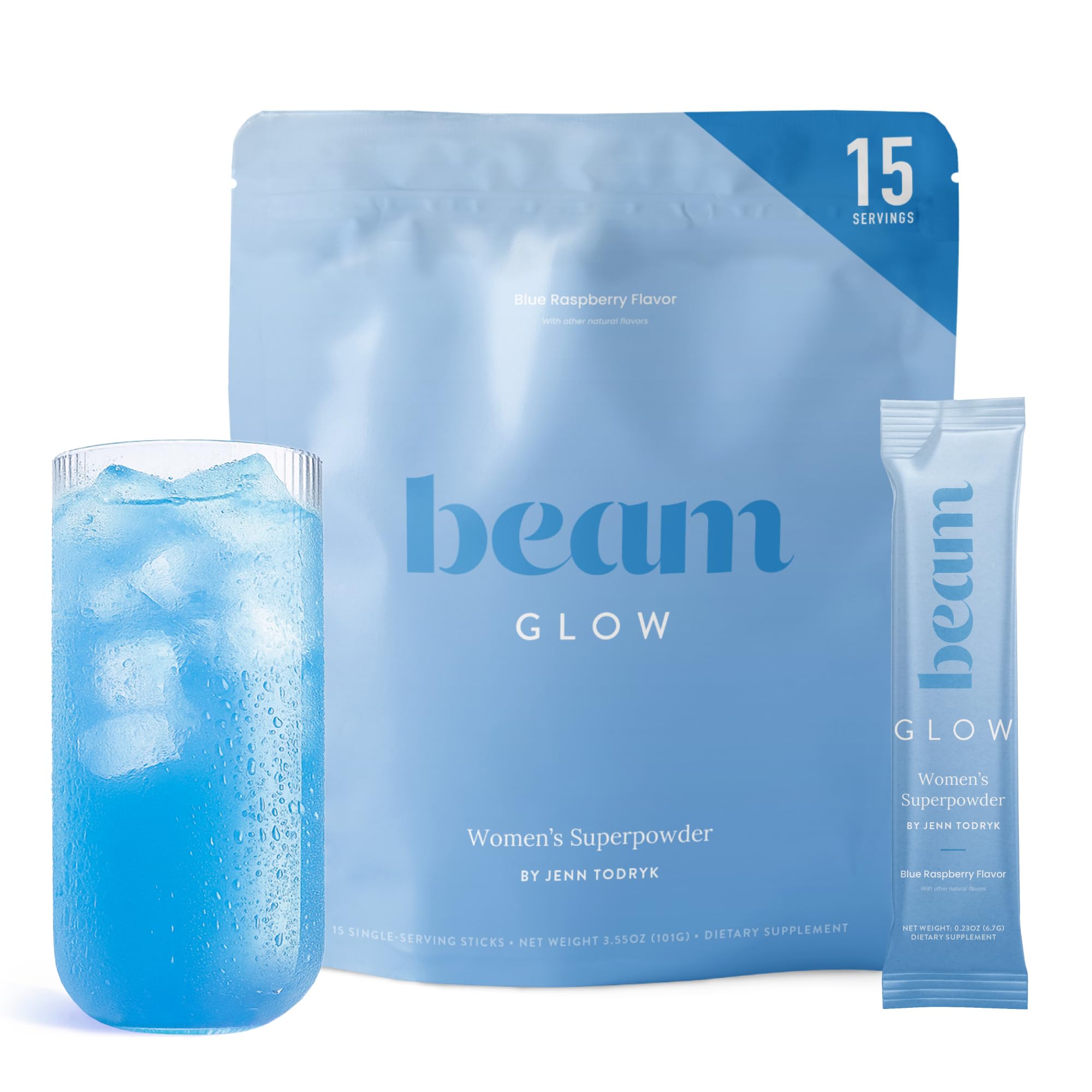 Envase BEAM Glow frontal mostrando el diseño y servicio, beneficios visibles