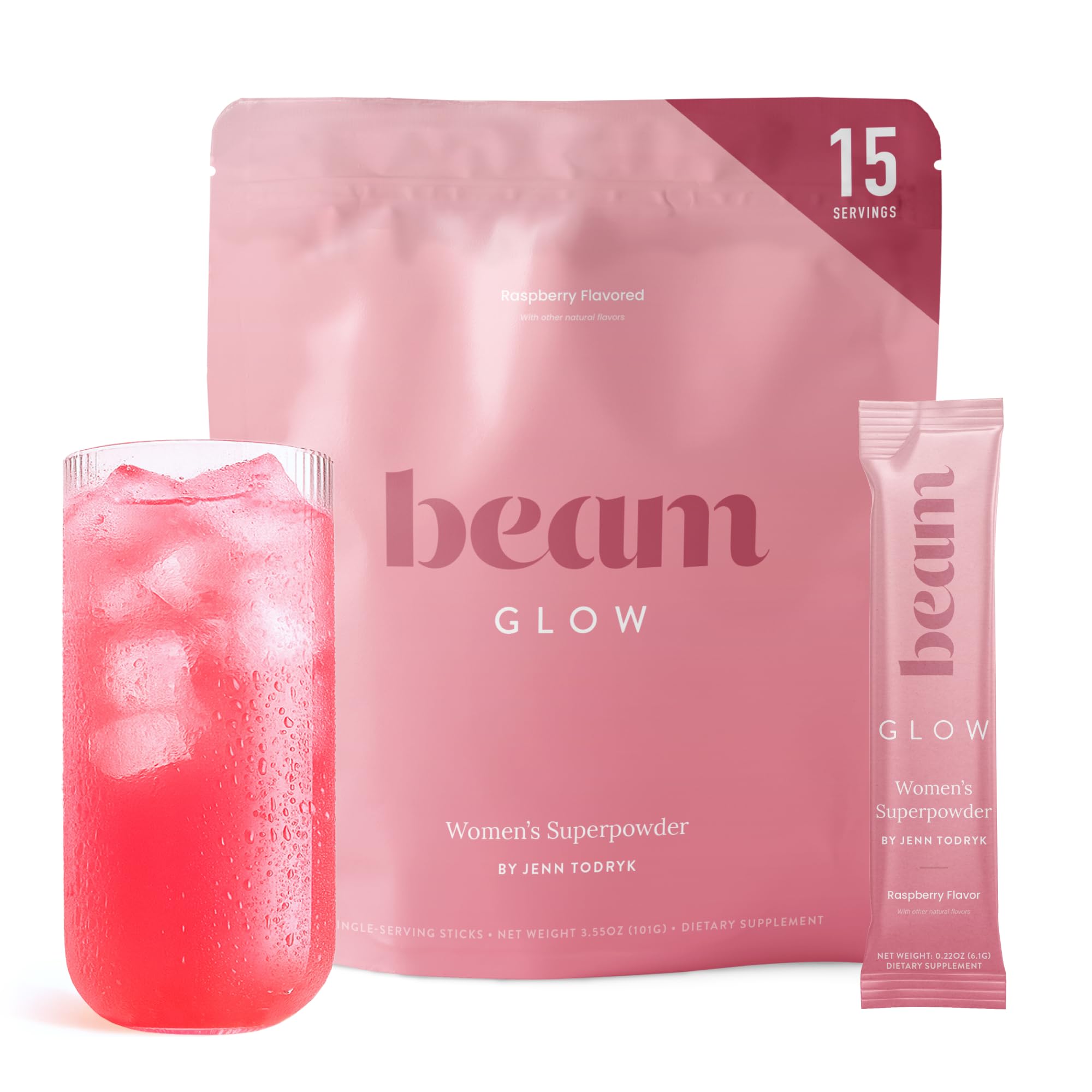BEAM envase frontal del suplemento Glow mostrando diseño y porciones