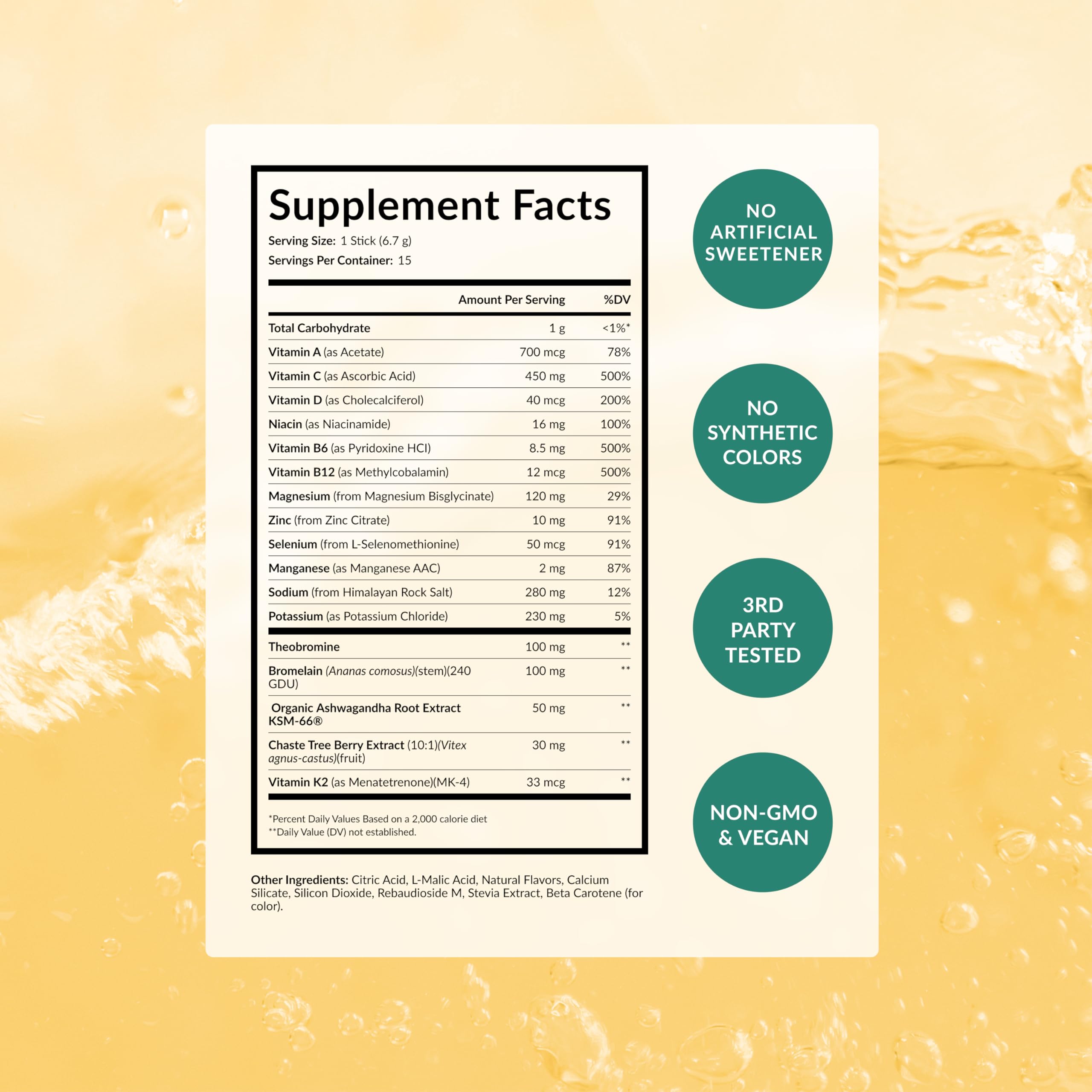 BEAM etiqueta con lista de ingredientes destacando vitaminas y minerales