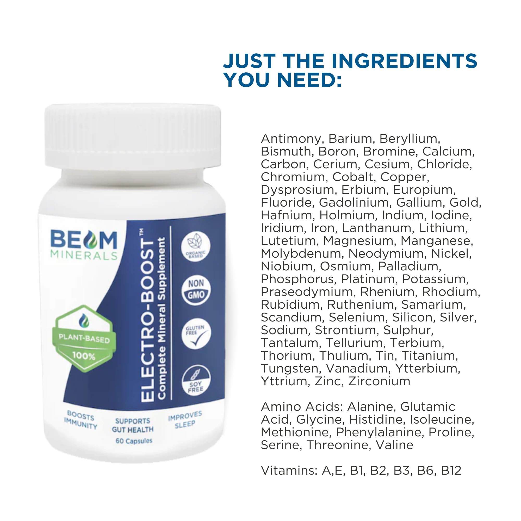BEAM MINERALS primer plano de la etiqueta con ingredientes y dosis