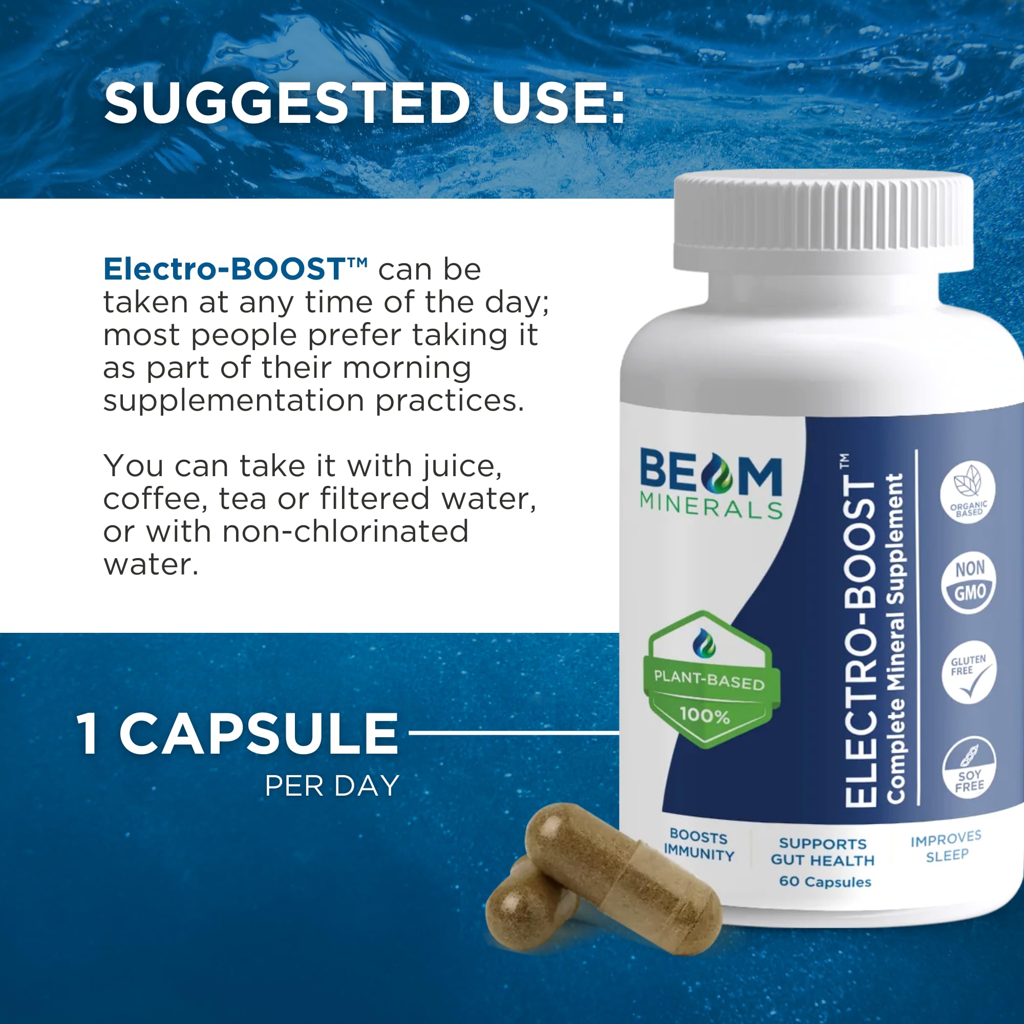 BEAM MINERALS cápsulas junto a material deportivo para recuperación post-ejercicio