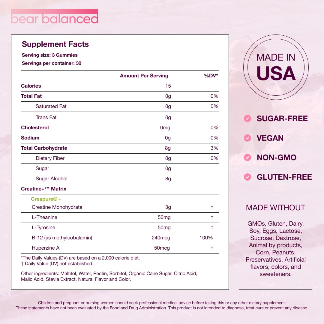 Bear Balanced etiqueta con lista de ingredientes y Creapure® visible