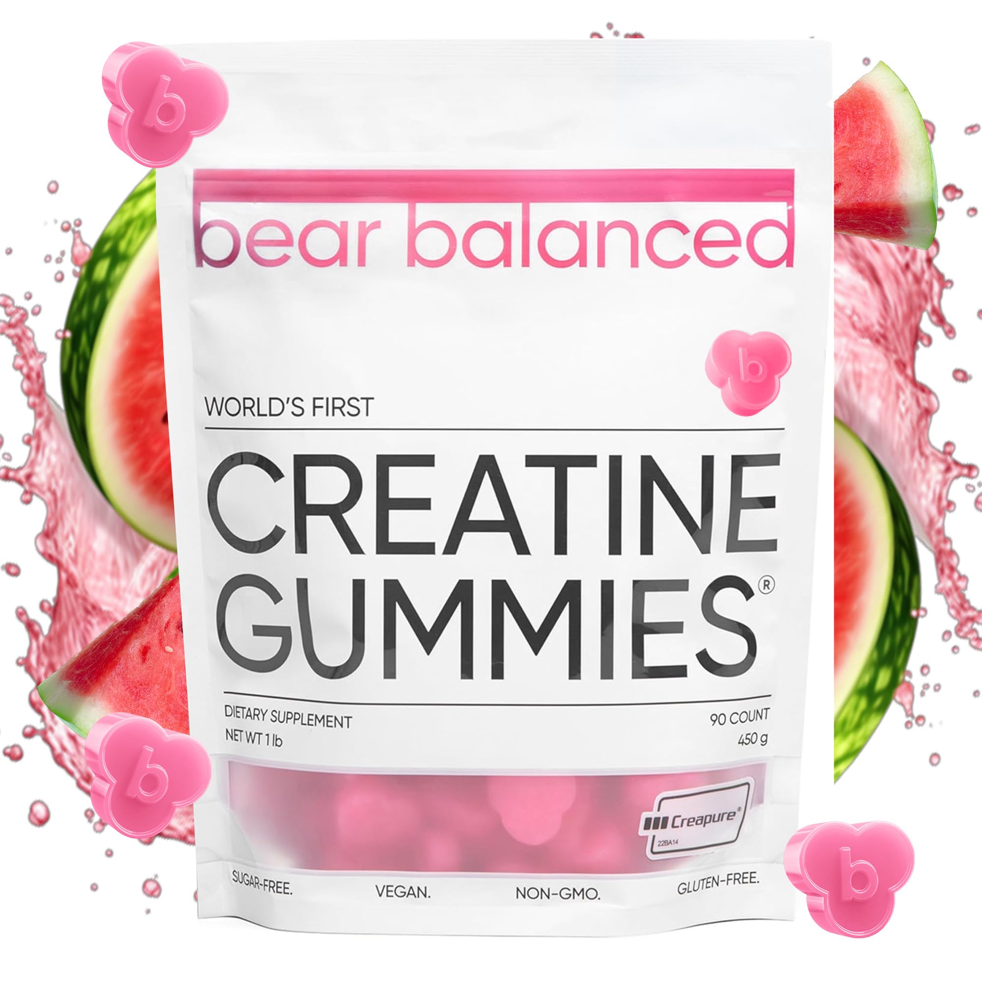 Bear Balanced vista frontal del envase mostrando las 90 gomitas y beneficios