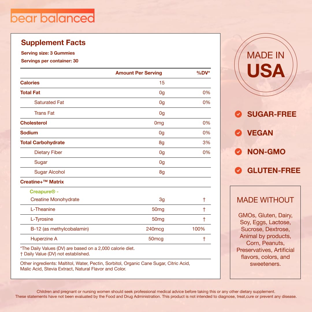 Bear Balanced ingredientes clave Creapure, L‑Theanine y B12 resaltados como apoyo