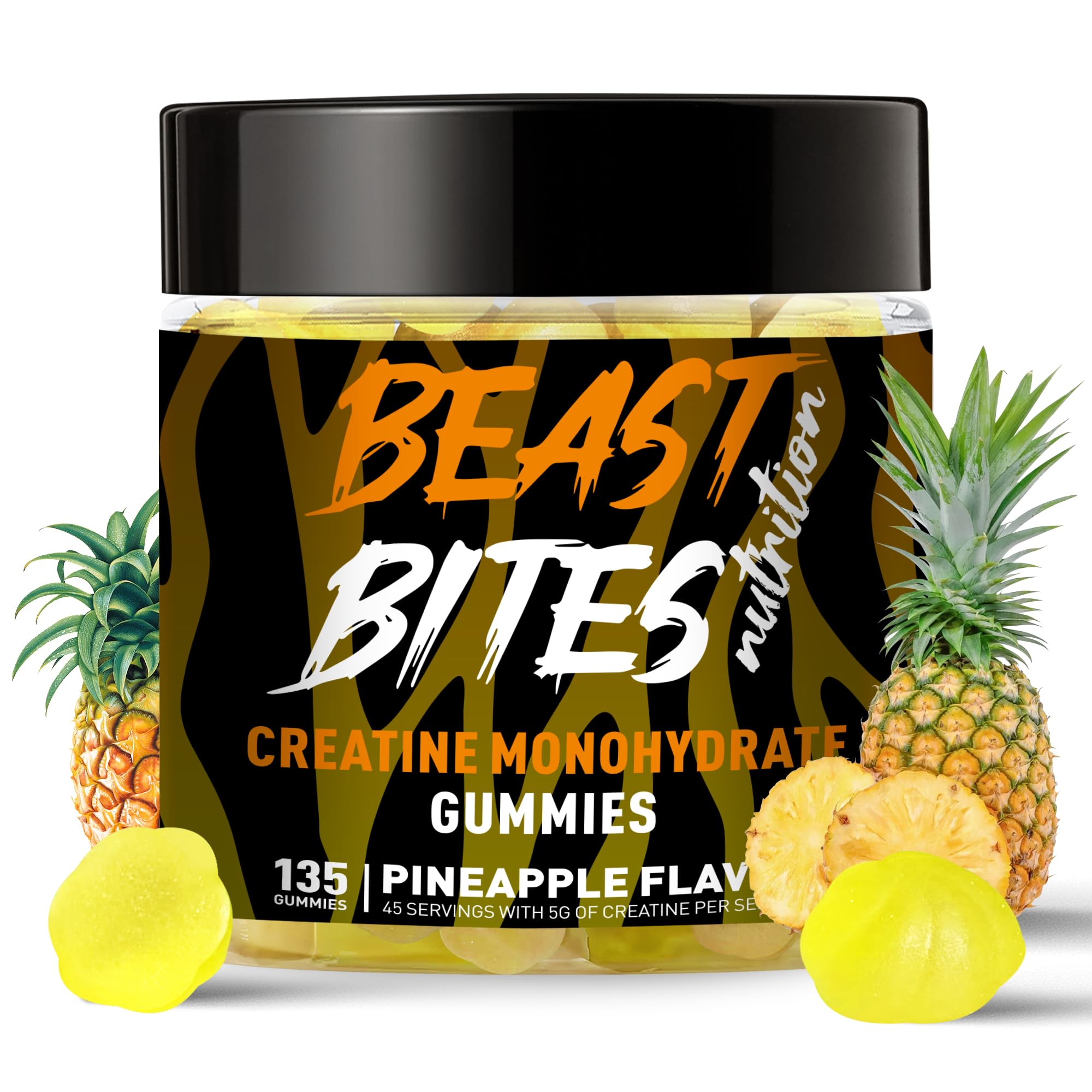 BEAST BITES frasco frontal mostrando 135 gomitas con beneficio conveniencia