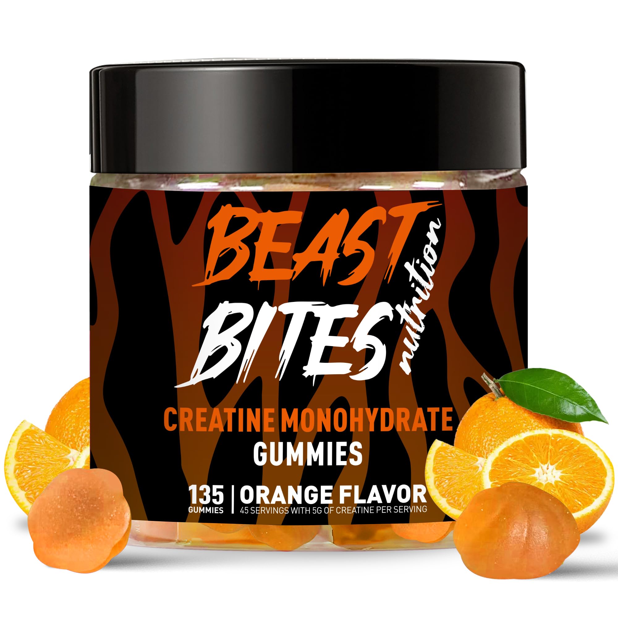 BEAST BITES frasco frontal mostrando 135 gomitas, beneficio portabilidad