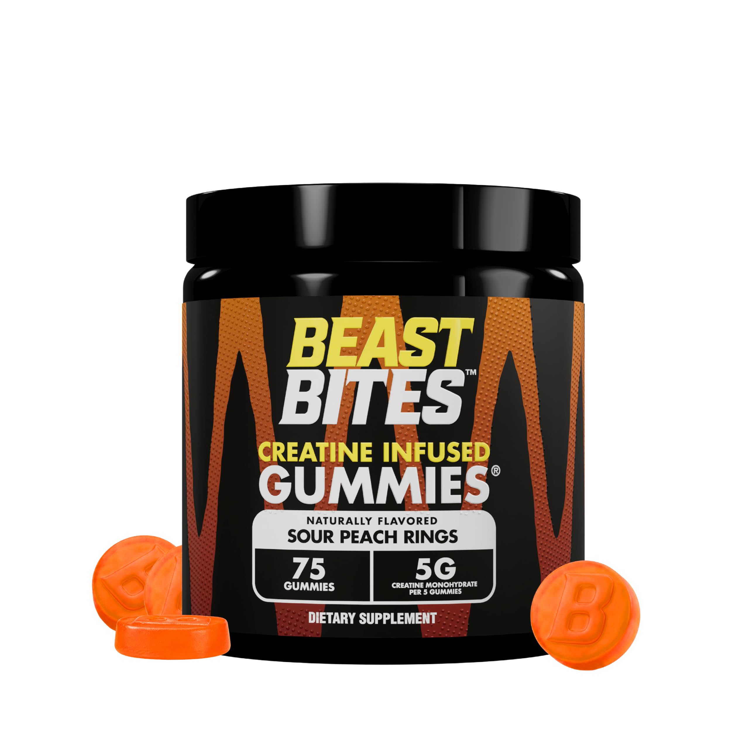 BEAST BITES frente del envase mostrando 75 gominolas y certificaciones de calidad