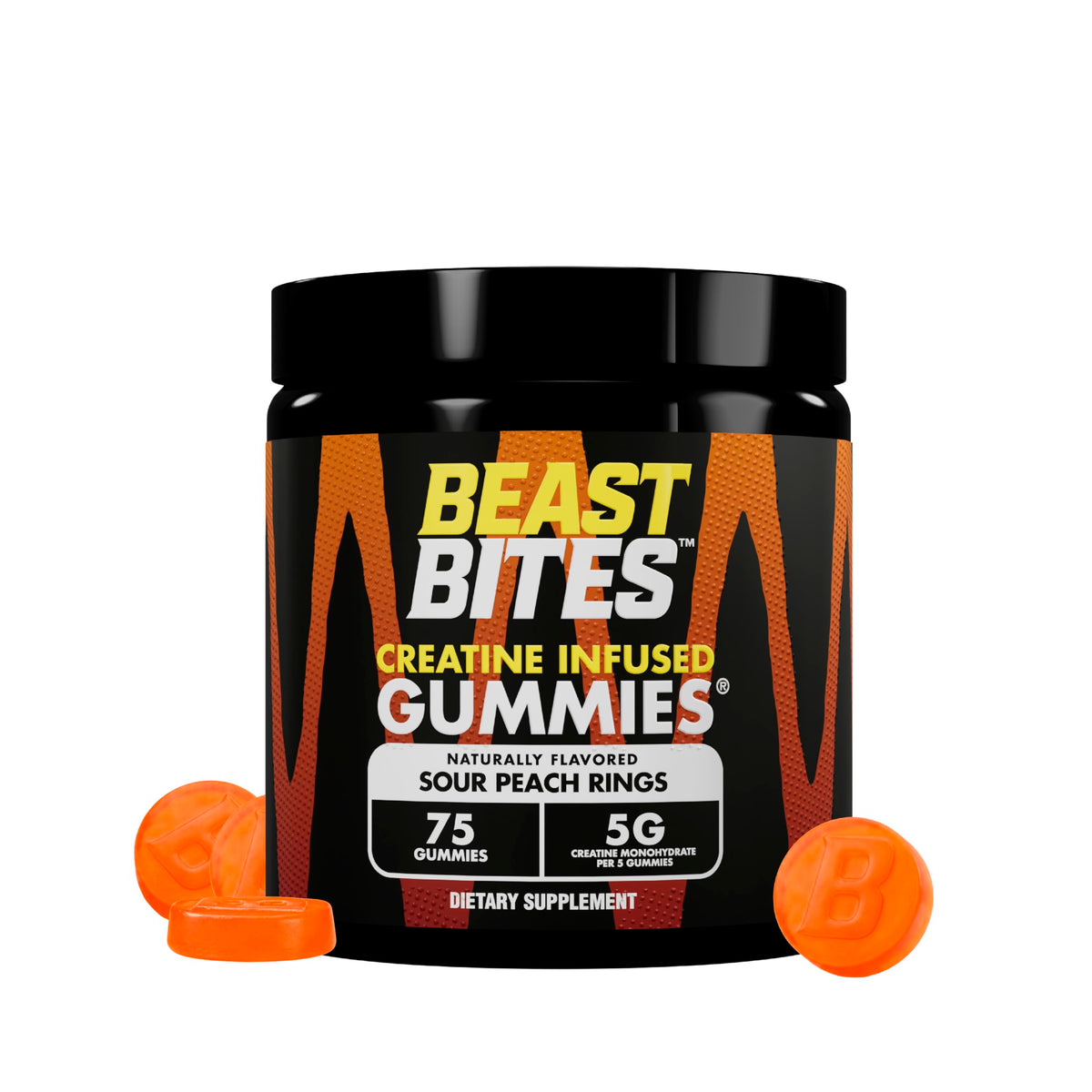 BEAST BITES frente del envase mostrando 75 gominolas y certificaciones de calidad