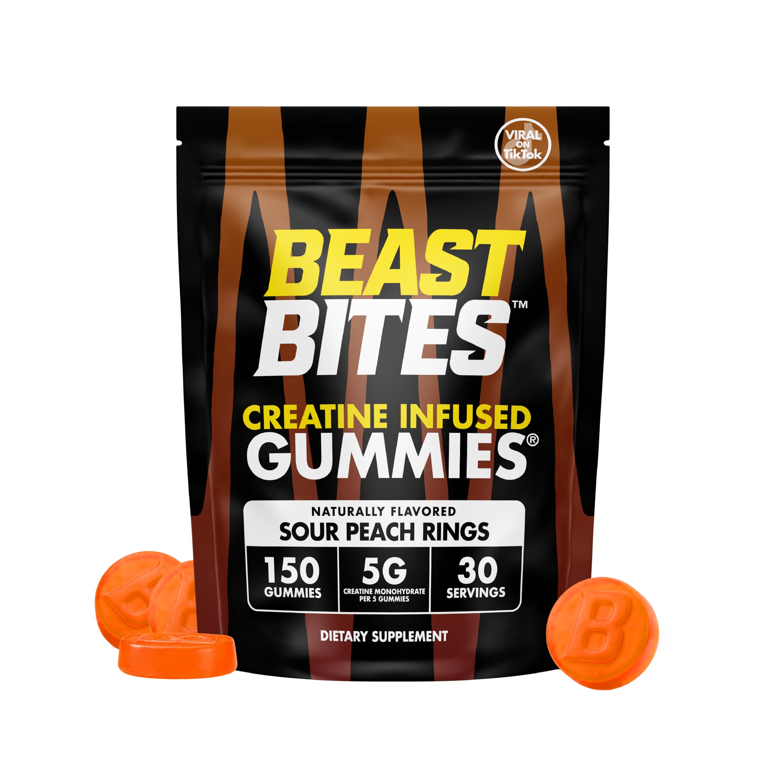 BEAST BITES envase frontal Sour Peach Rings, práctico y listo para llevar