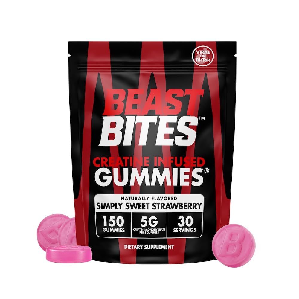 BEAST BITES envase frontal con gominolas fresa, presentación portátil y dosificación clara