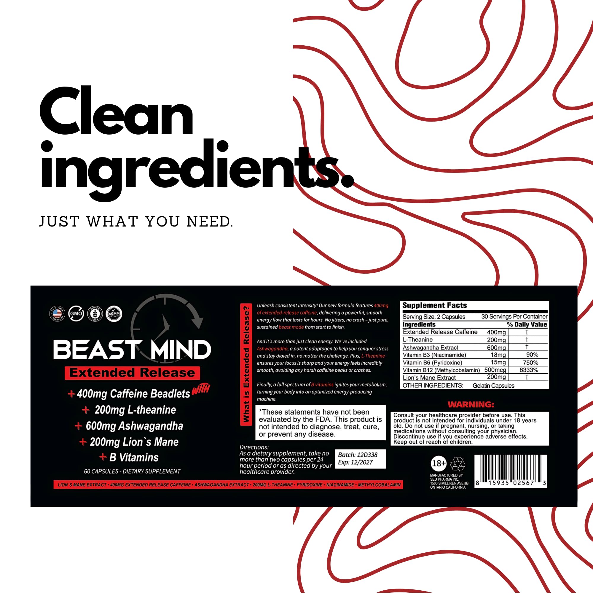 Beast Mind etiqueta frontal con ingredientes clave y claridad informativa