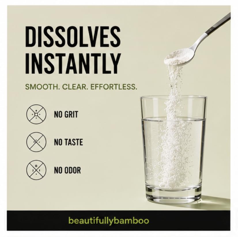 Beautifully Bamboo polvo disolviéndose en vaso para bebida de belleza, mezcla sin grumos