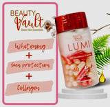 Beauty Vault frasco abierto con cápsulas dentro ilustrando cantidad en caja