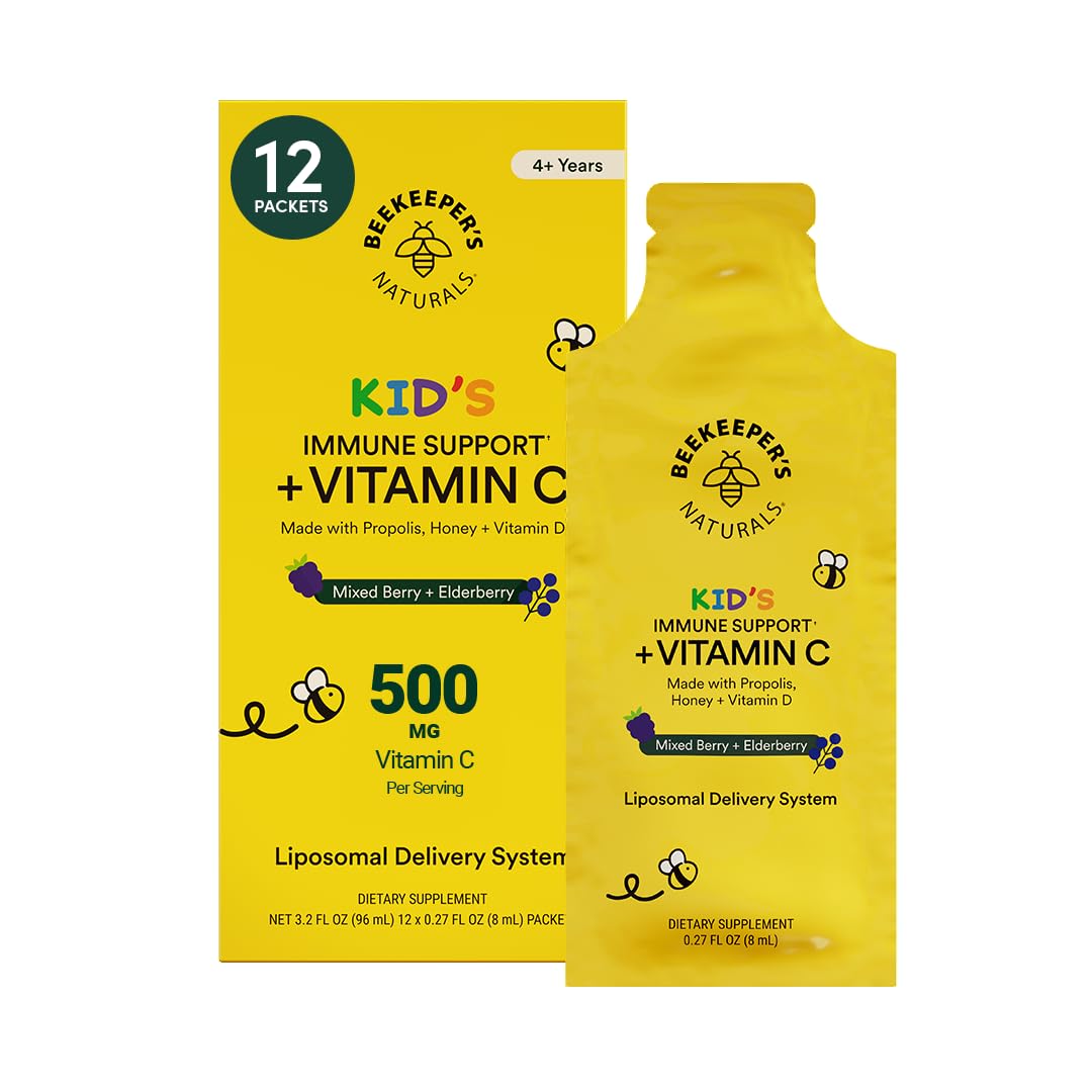 Beekeeper's Naturals frontal del empaque infantil mostrando sobres y beneficios