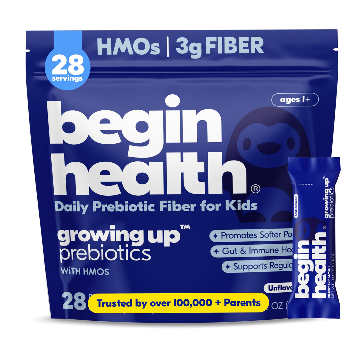 Begin Health empaque frontal mostrando sobres fáciles de usar y comodidad