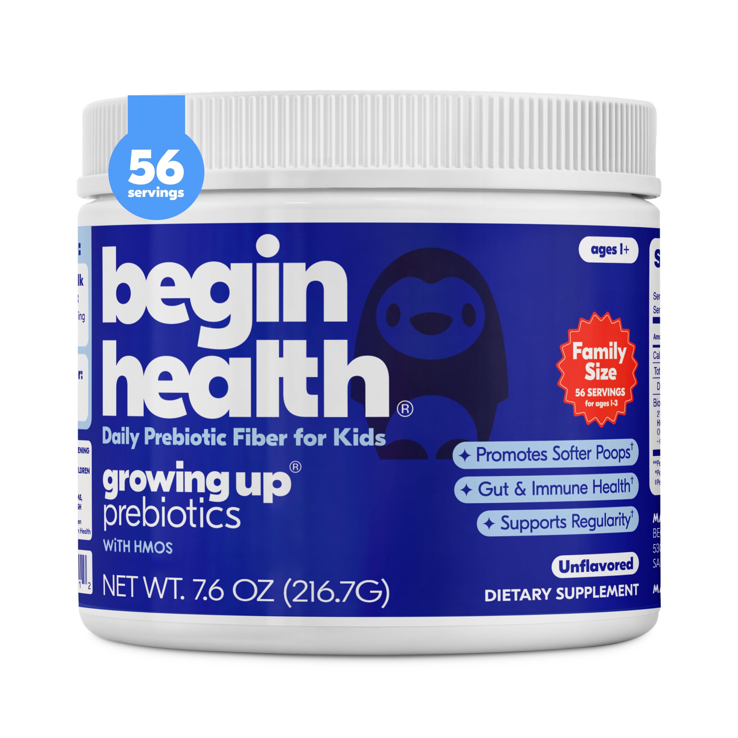 Begin Health bote frontal del producto, presentación de 56 porciones para niños