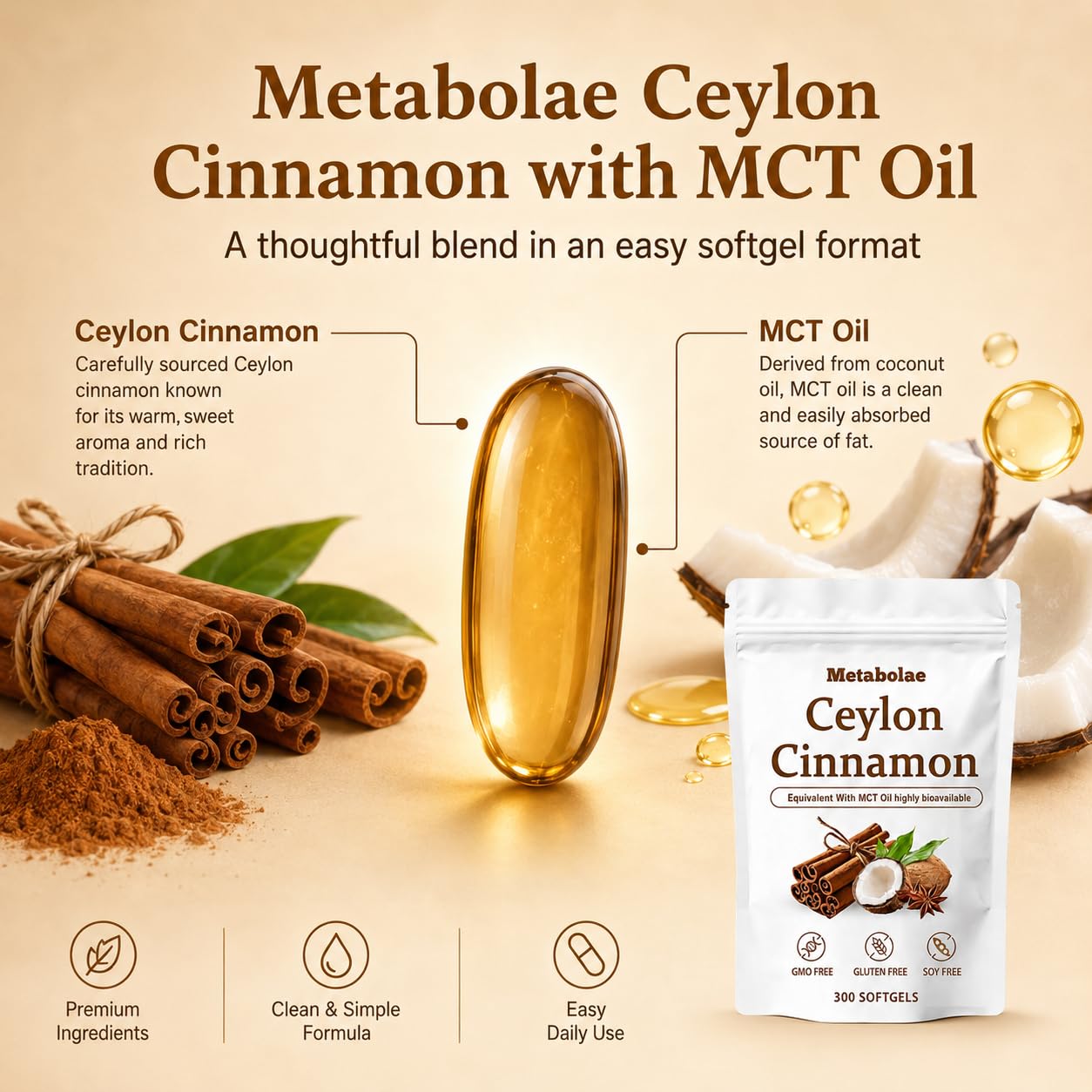 Belano cápsula abierta con aceite MCT visible y extracto de canela en su interior